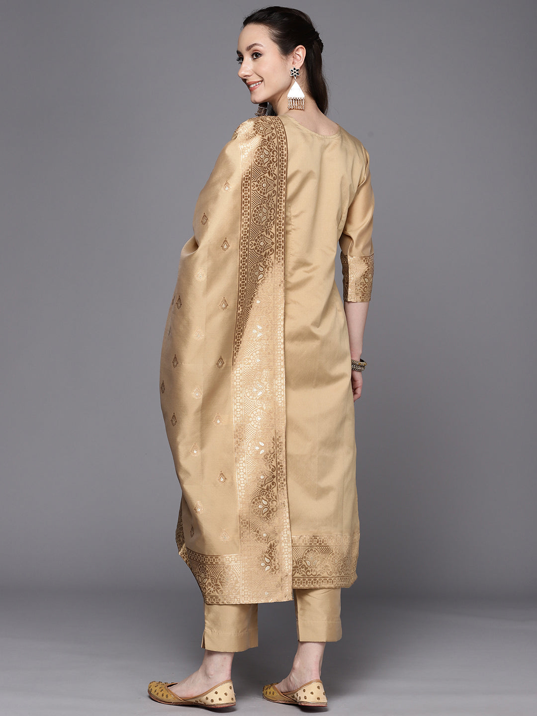 Tan & Gold Woven Design Ethnic Motifs Unstitched Dress Material