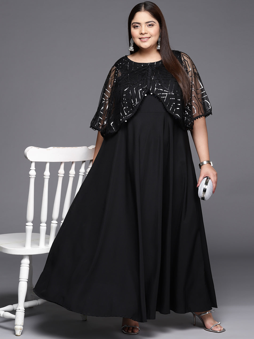 Black Geometric Print Plus Size A-line Maxi Ethnic Dress-AH