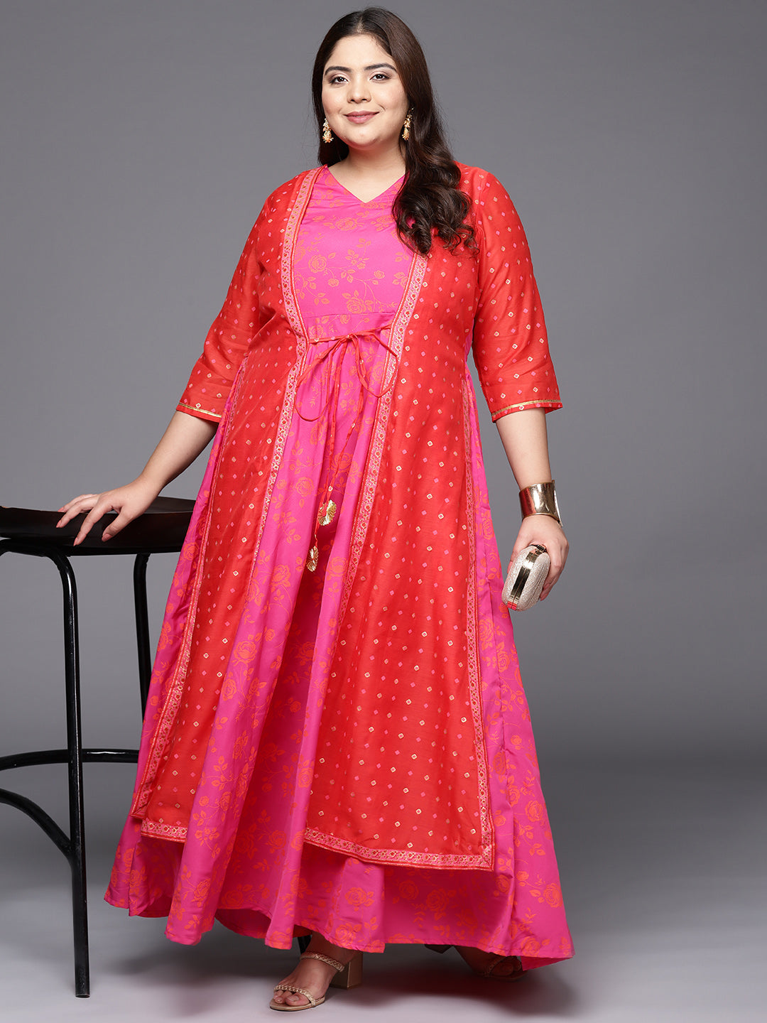 Pink & Red Plus Size Layered Maxi Ethnic Dress