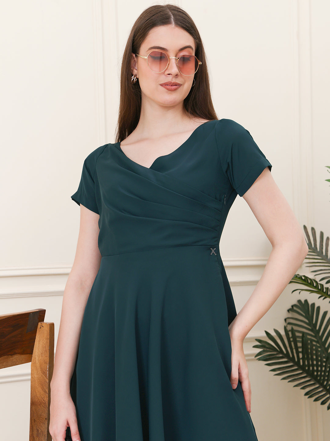 Exude Intrepid V-Neck Front Pleat Dress with Pockets