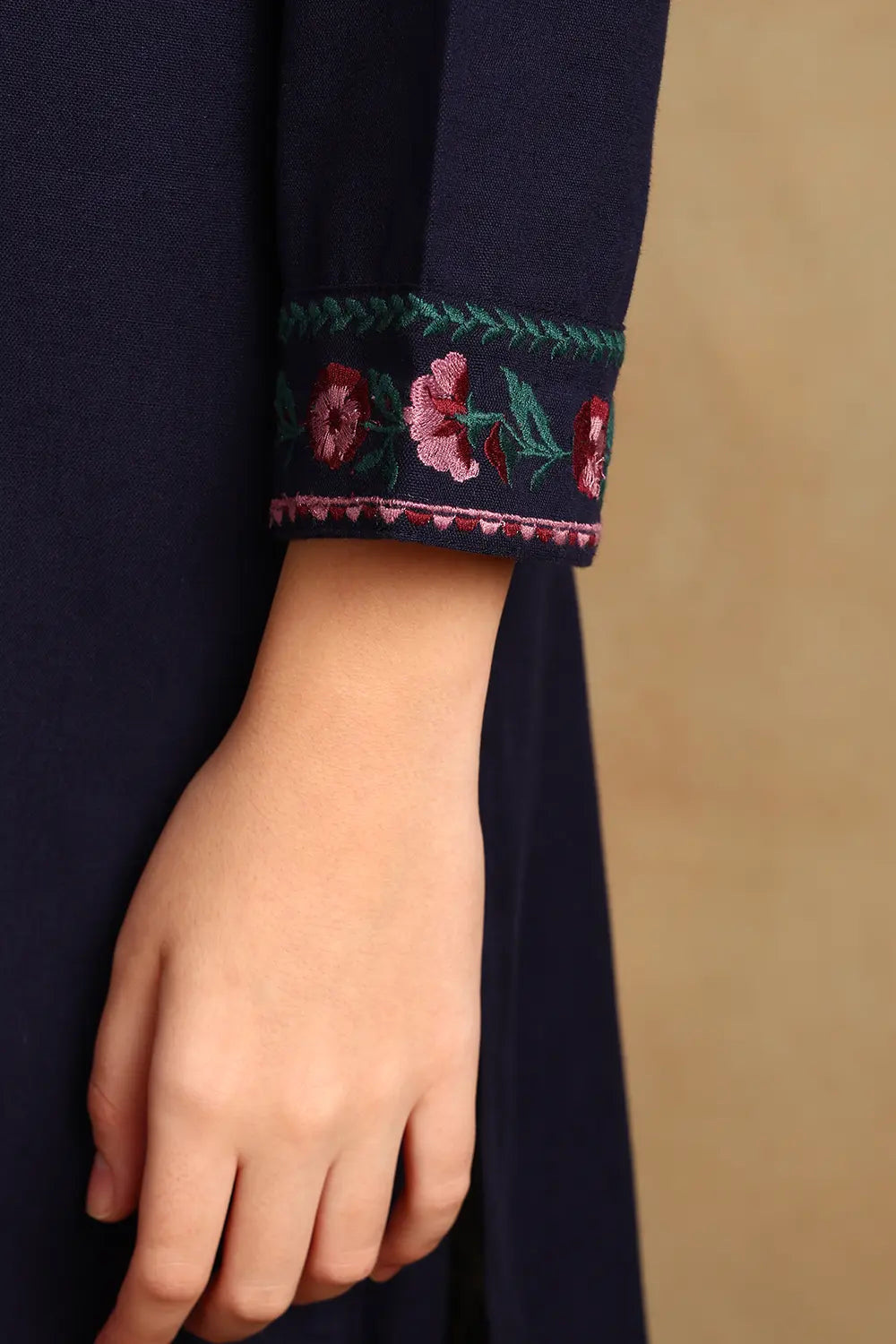 Navy Blue Embroidered Flax Linen Kurta