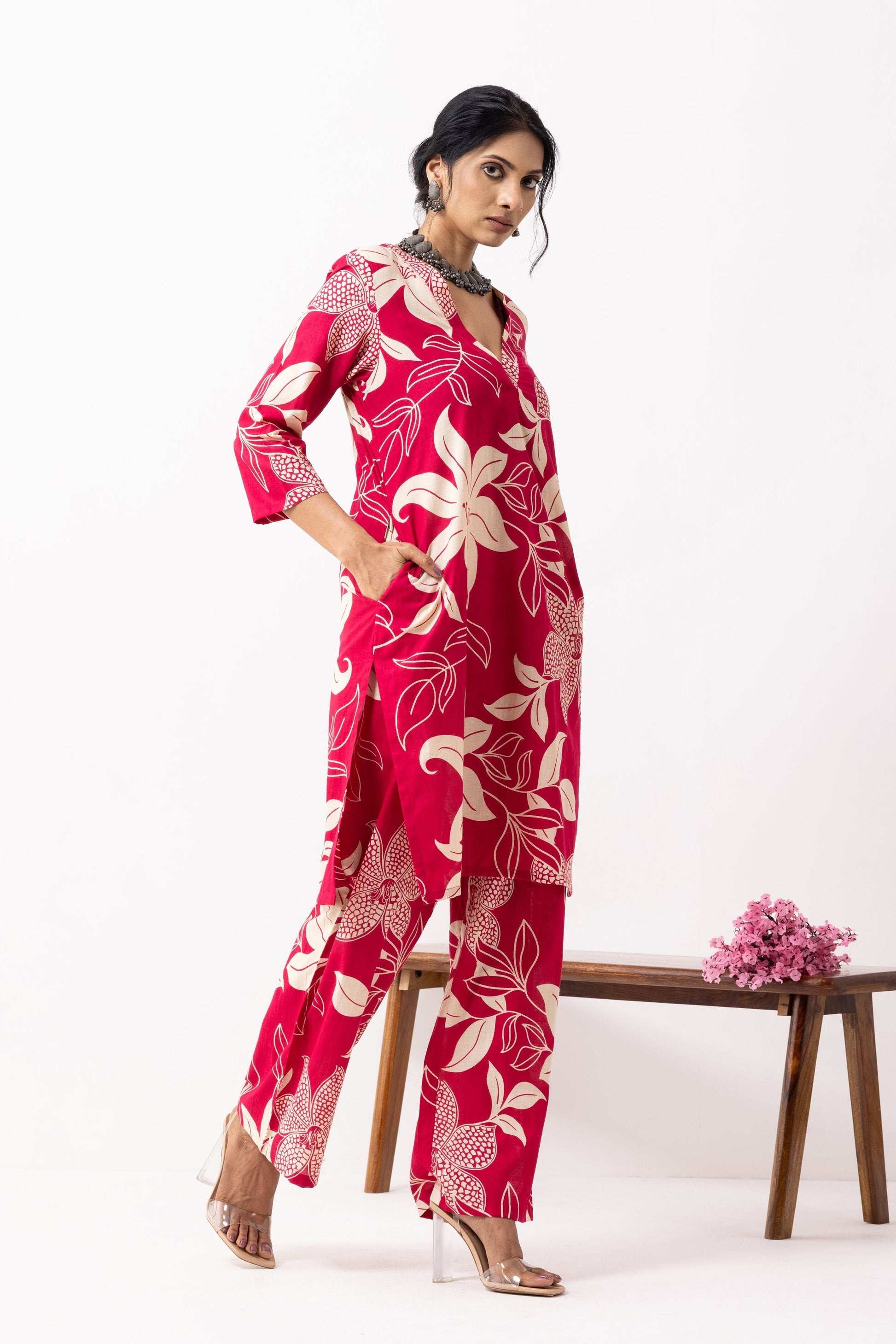 Crimson Red Block Printed Kali Kurta Set (Set of 2)- IC