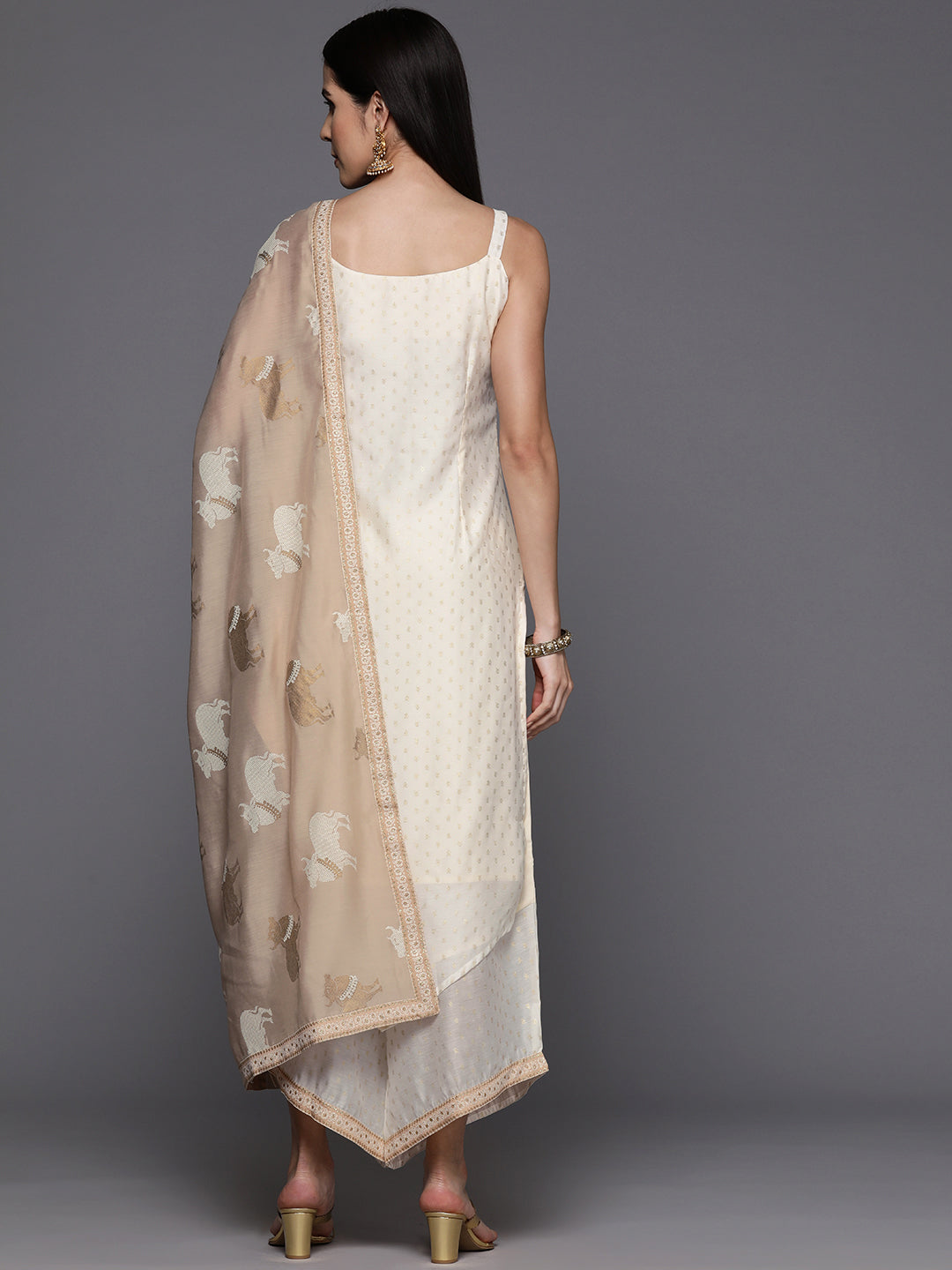 Off White Printed Chanderi Silk Kurta with Palazzos & Printed Dupatta