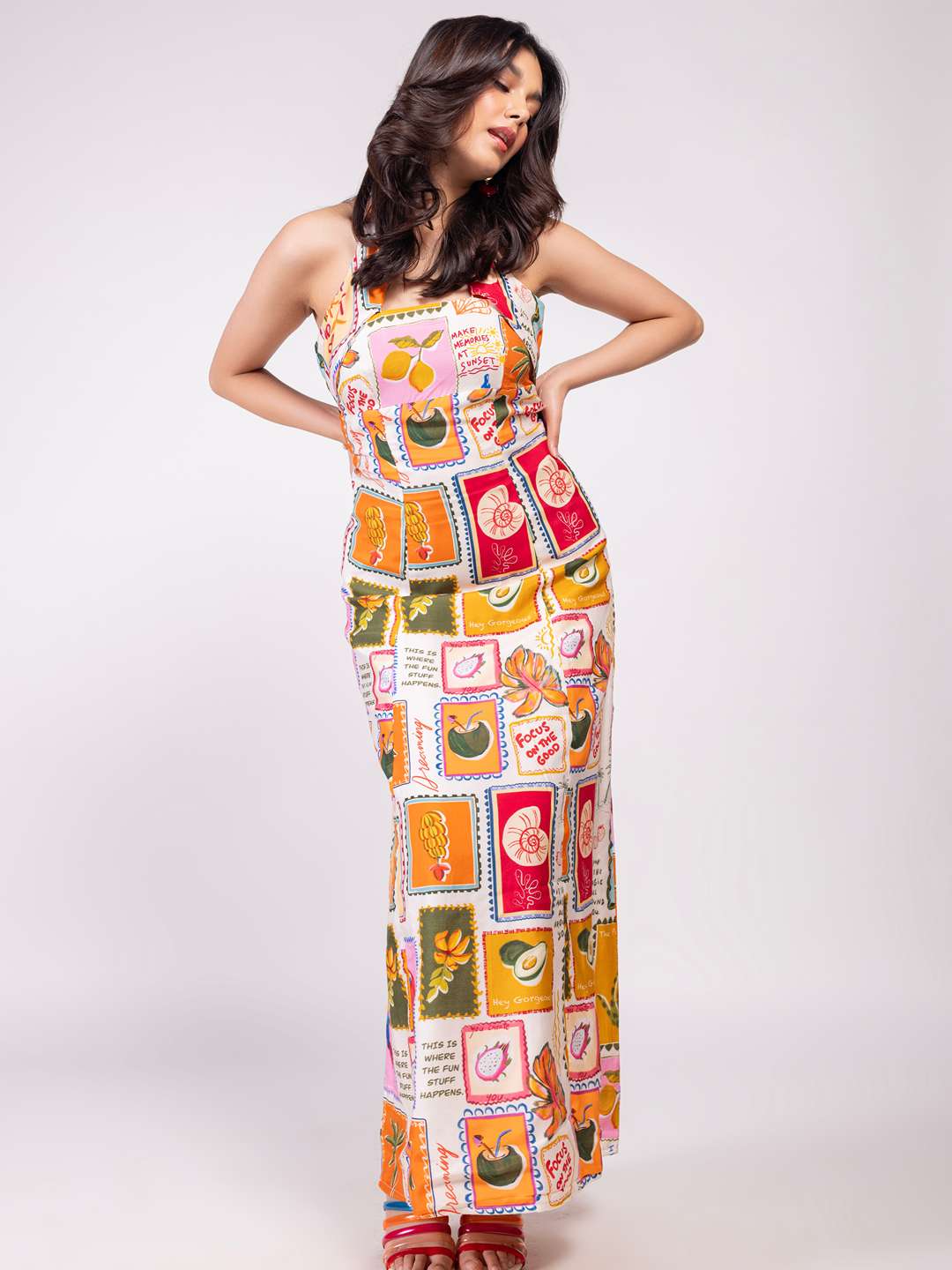 Stamp Printed Halter Neck Dress