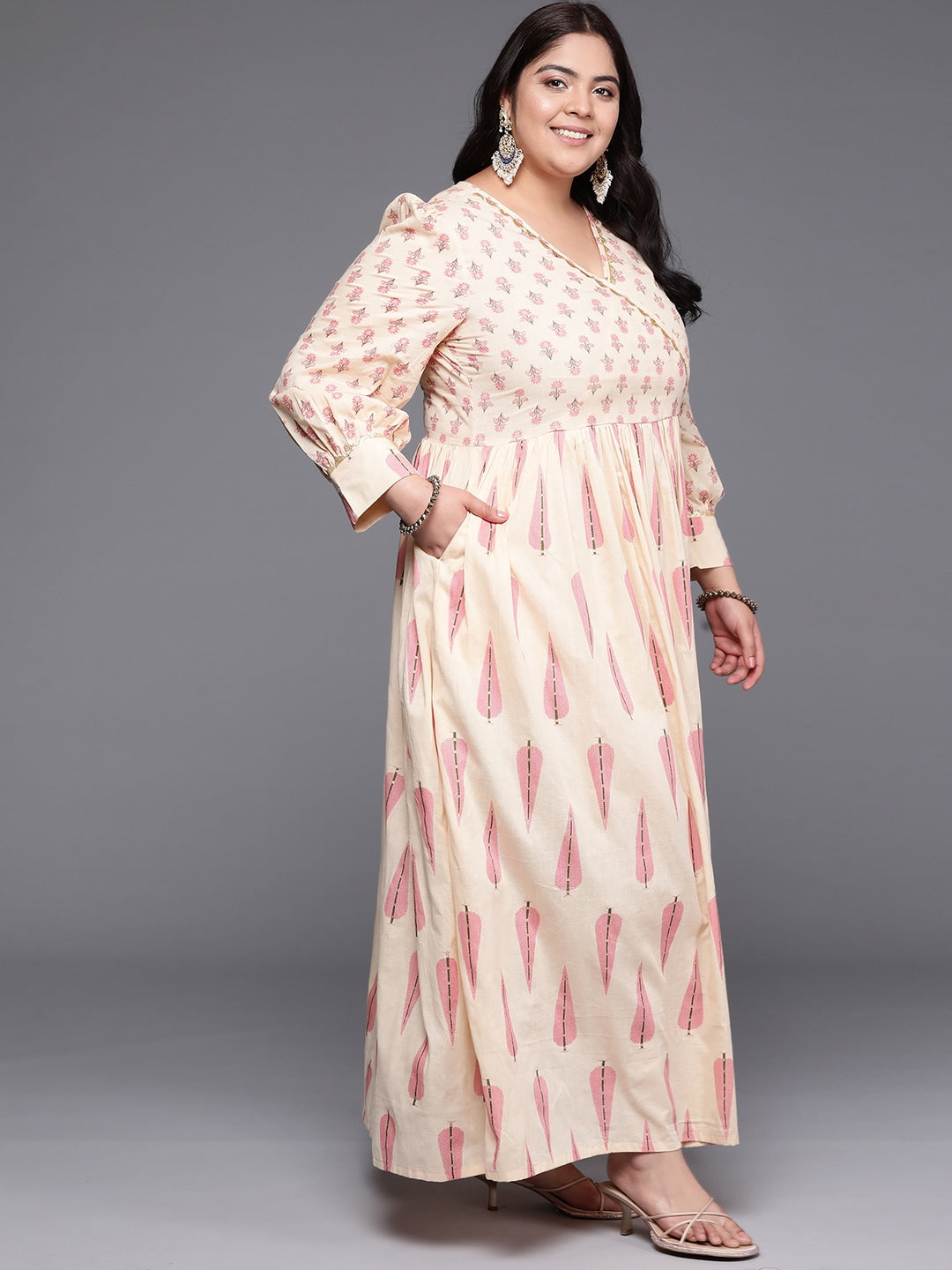 Plus Size Floral Printed Wrap Maxi Pure Cotton Ethnic Dress