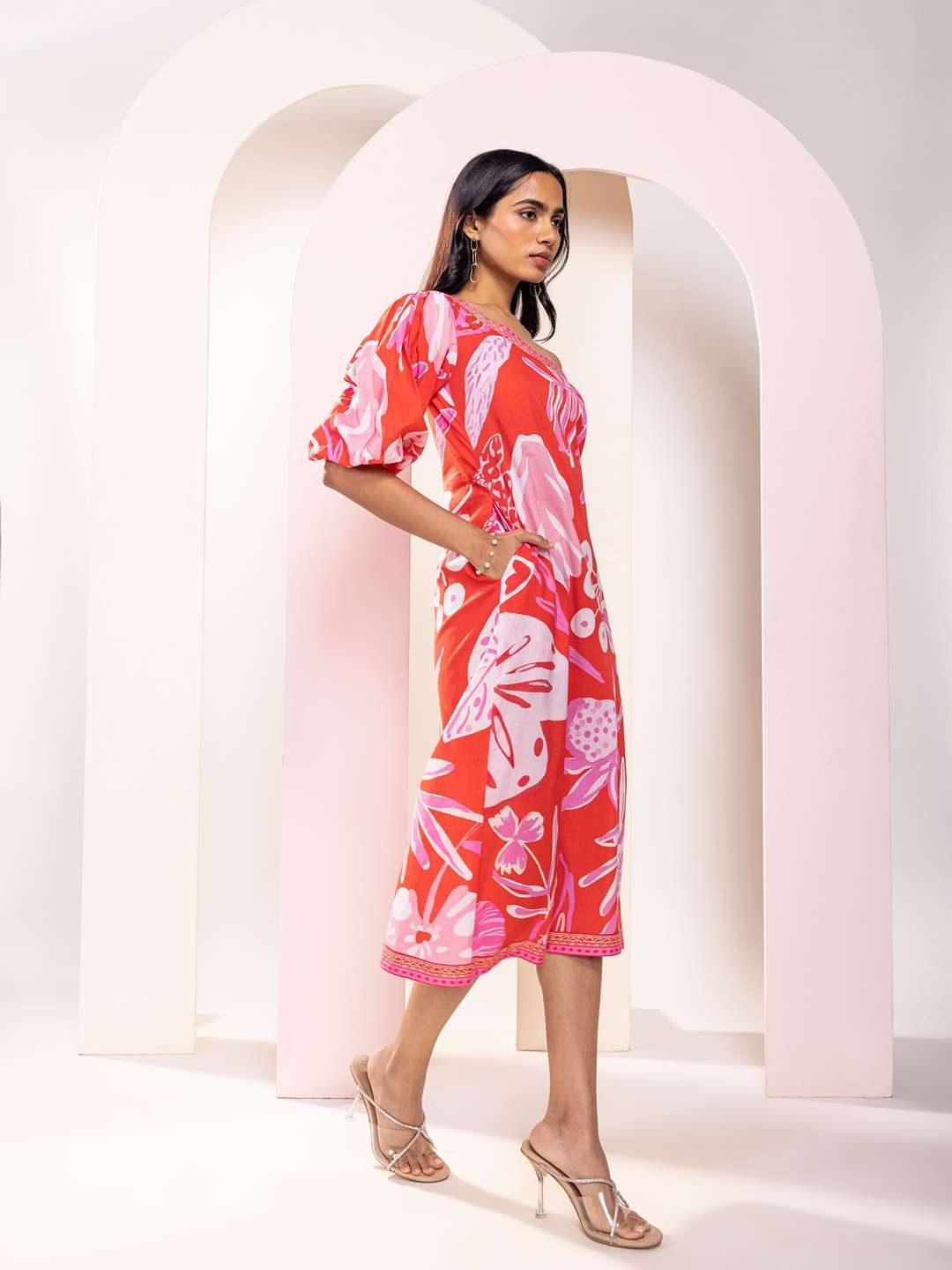 Monstera Printed One Shoulder Midi Dress