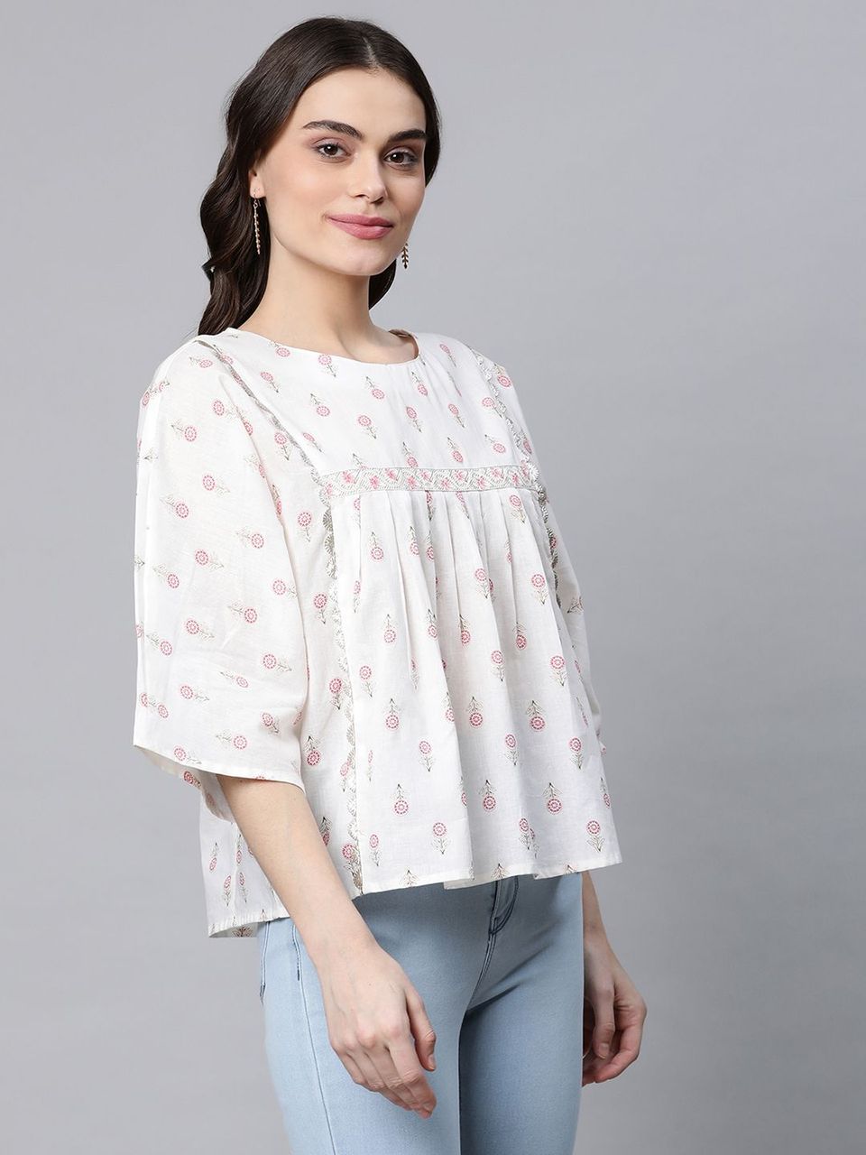 Off White Pure Cotton Floral Printed Tunic