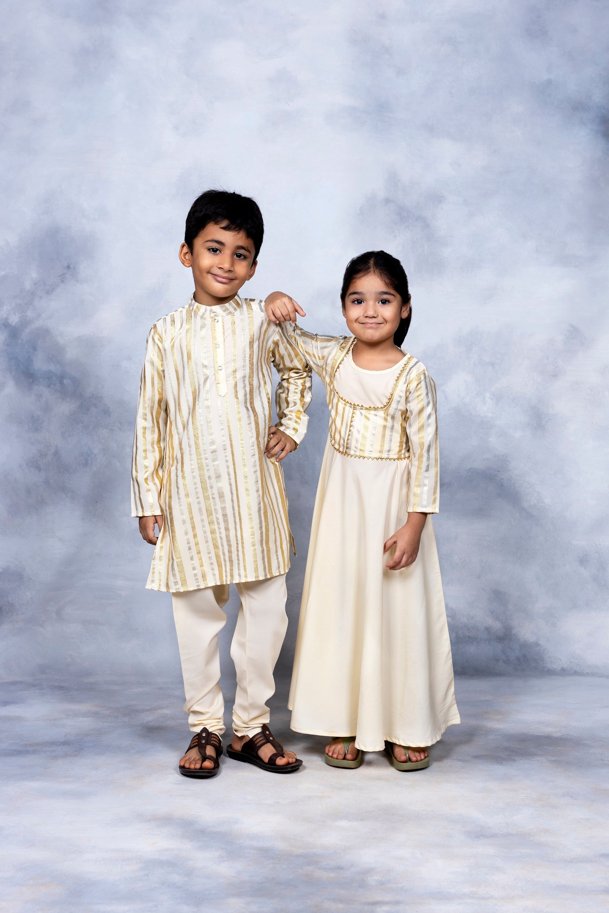 Boys Cream Foil Print Kids Kurta Churidar Set