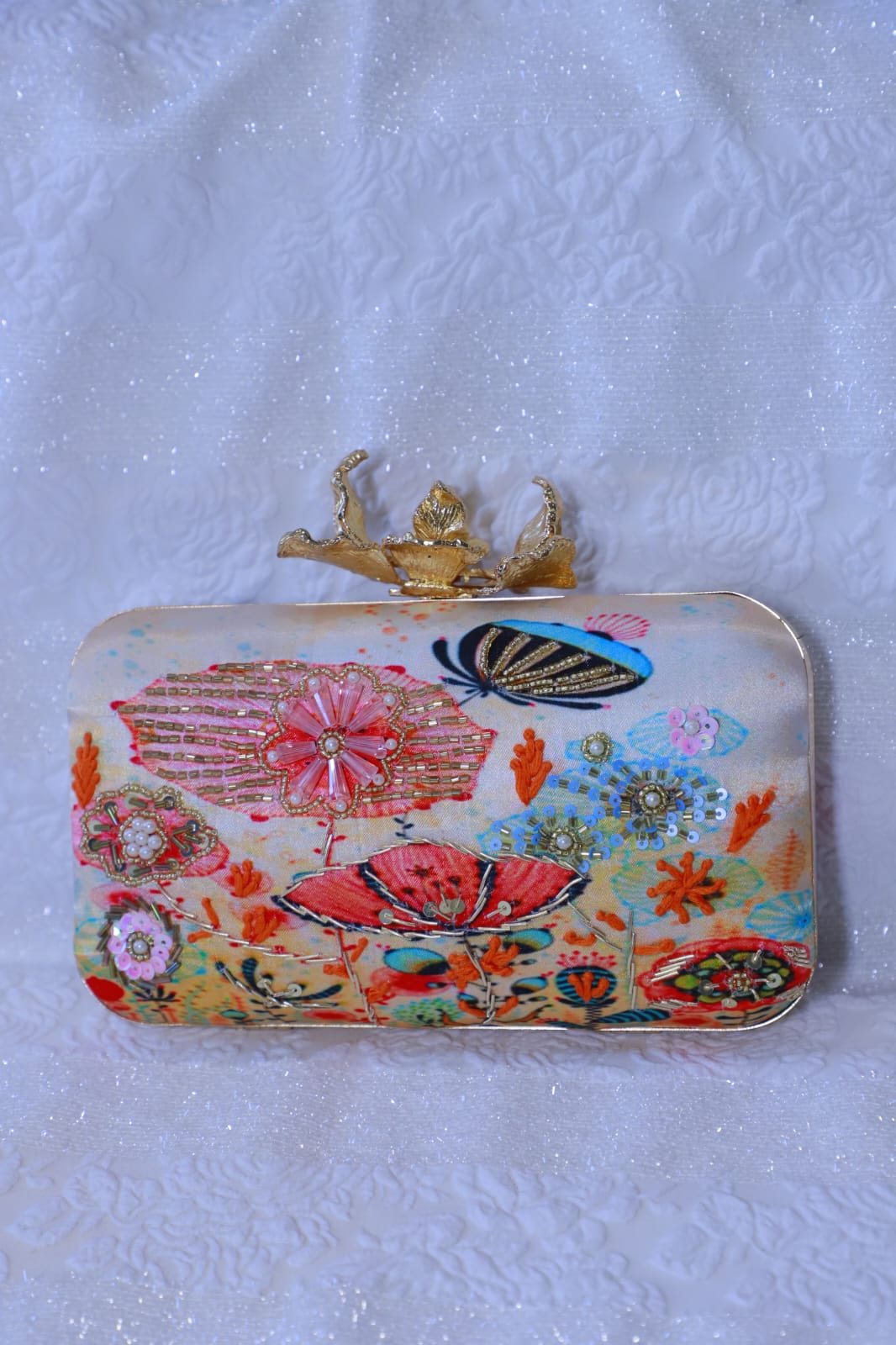 Thread Beaded Work Heavy Embroidery Satin Lock Open Multi Colour Women Handbag
