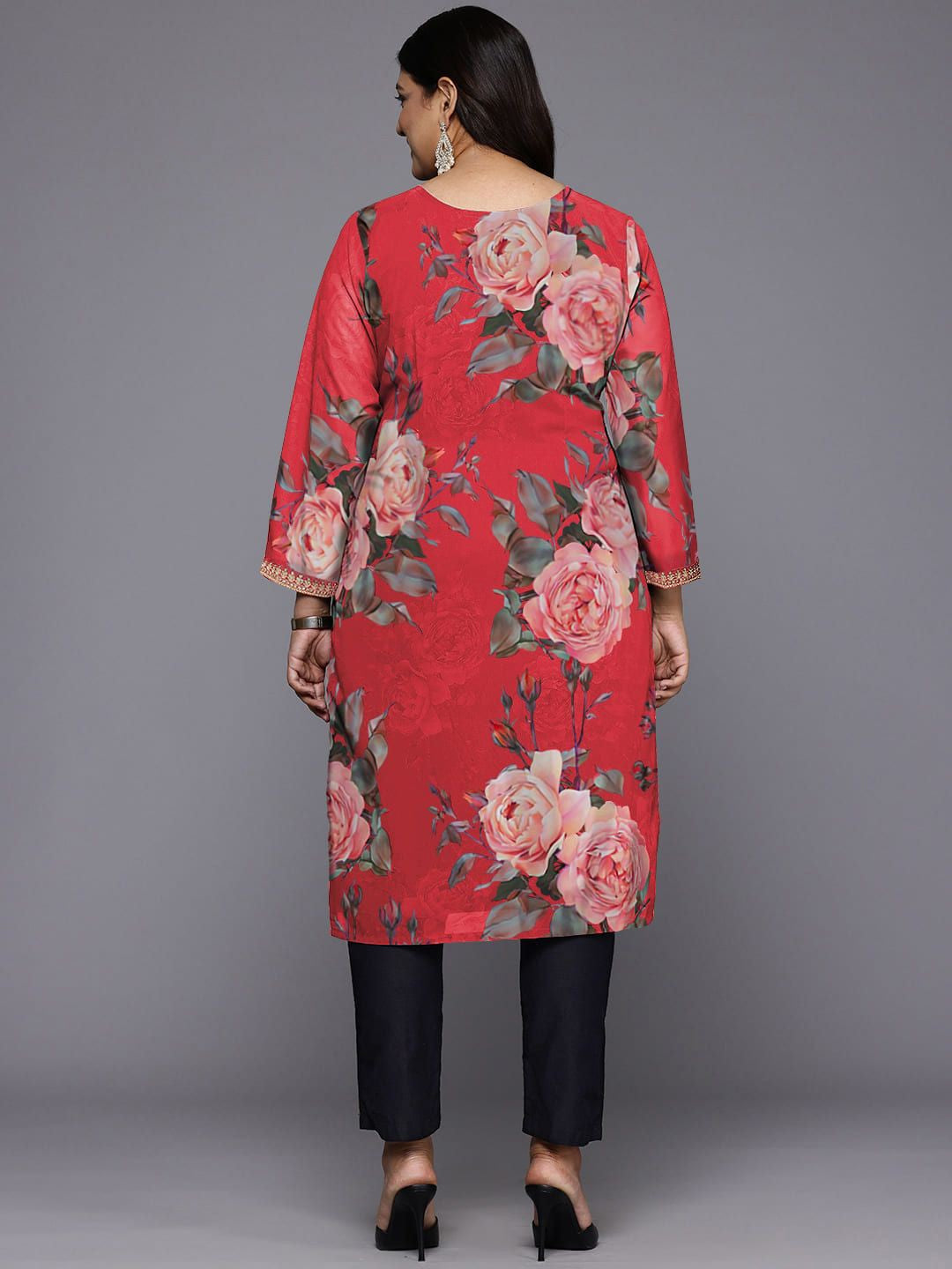 Plus Size Floral Printed Round Neck Straight Kurta