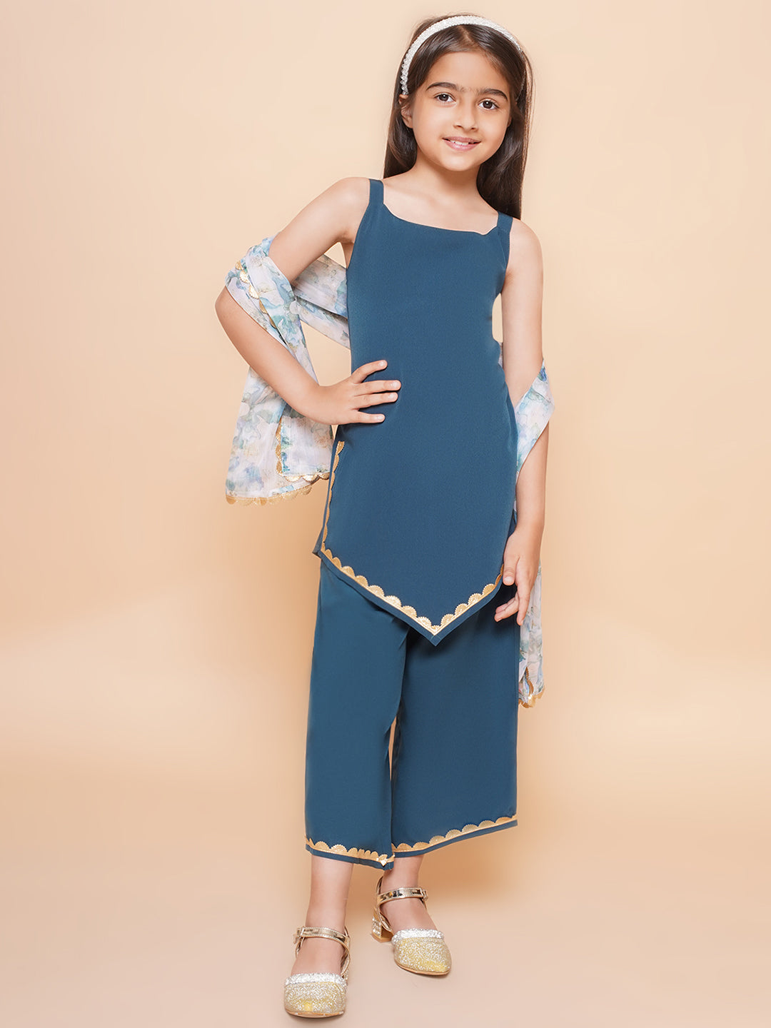 Girls Shoulder Straps Gotta Patti Kurta with Palazzos & Dupatta