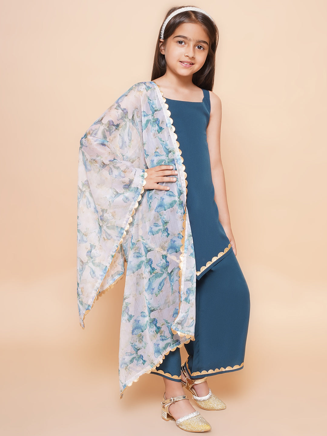 Girls Shoulder Straps Gotta Patti Kurta with Palazzos & Dupatta