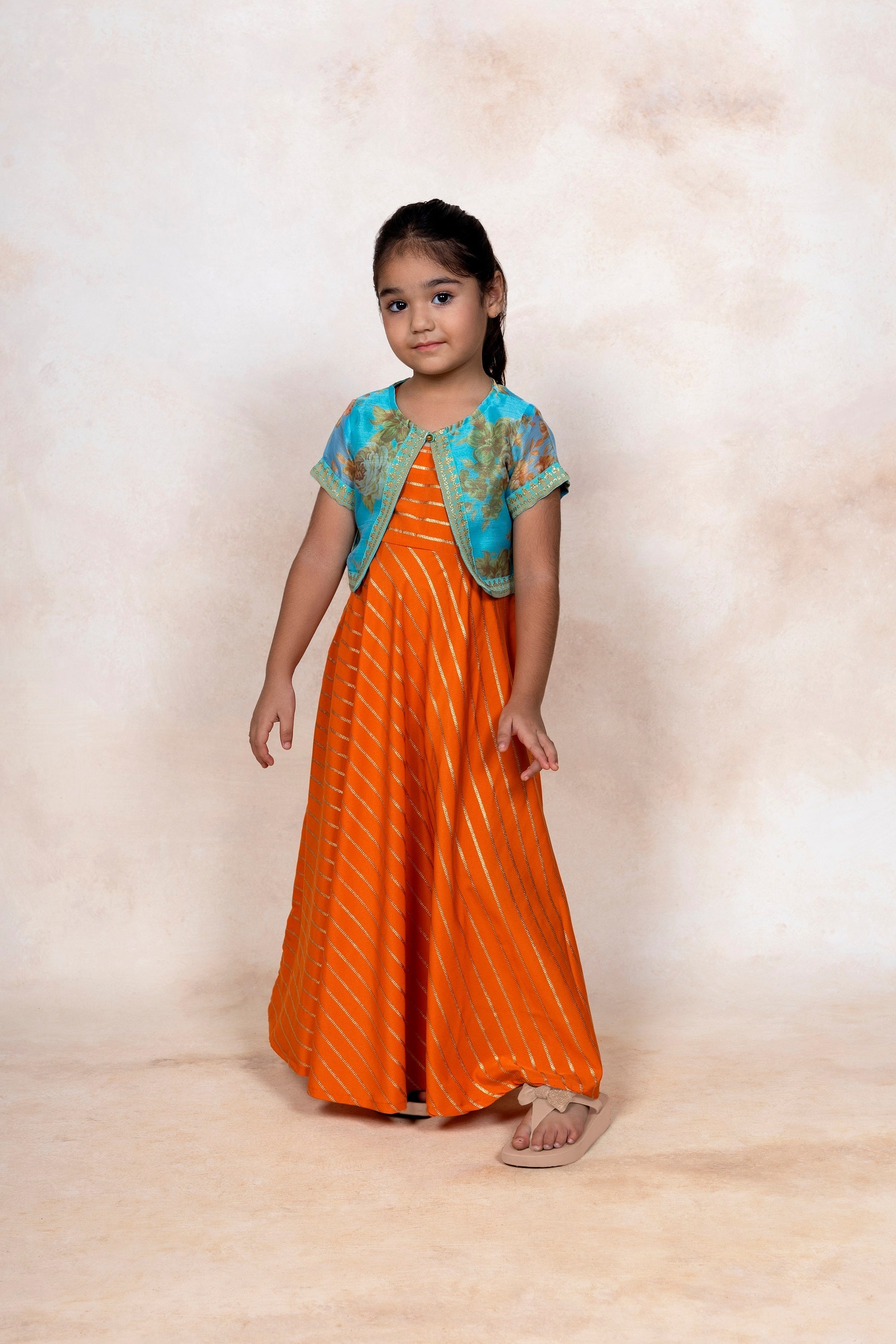 Orange Striped Curved Kurta Sets