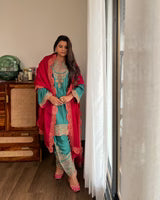 BOTTLE GREEN EMBROIDERED SET WITH CONTRAST DUPATTA- II