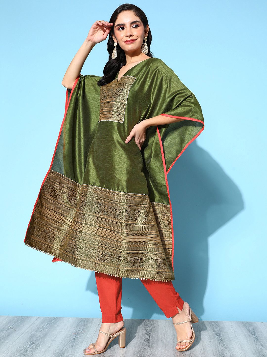 Olive Green Poly Silk Printed Kaftan Kurta