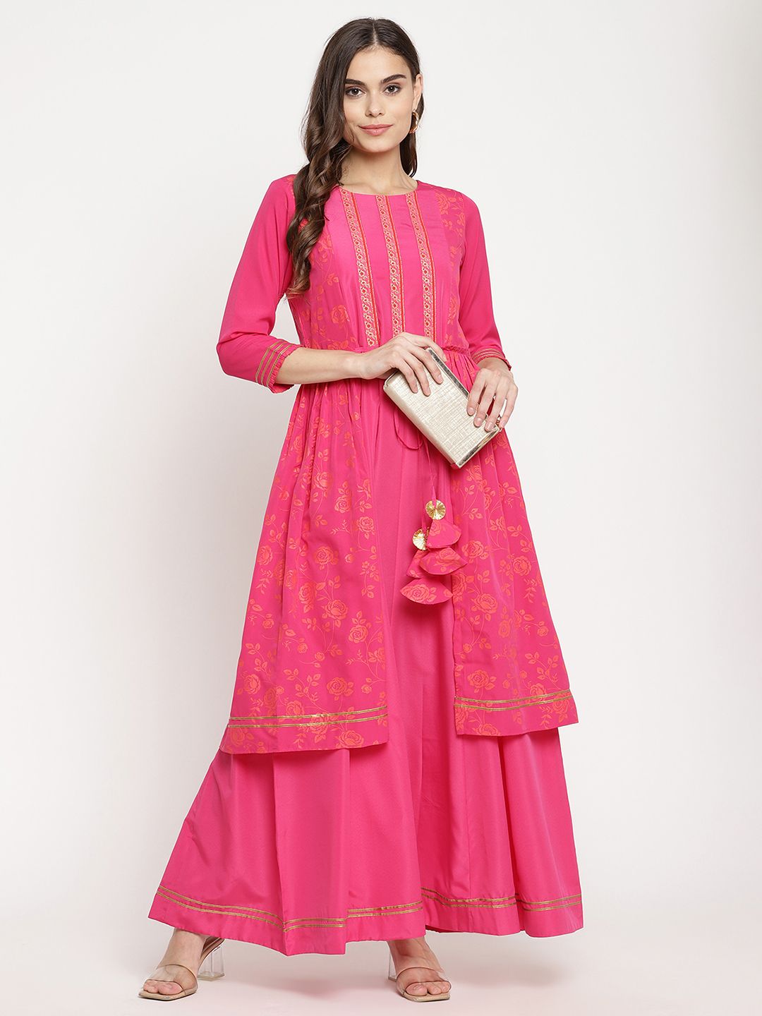 Dark Pink Printed Layered Tie- Ups Dress