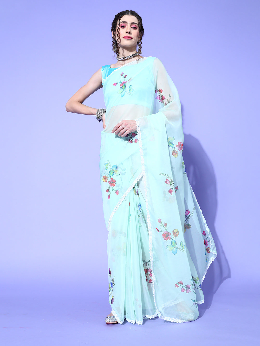 Organza Light Green Digital Print Designer Saree With Blouse