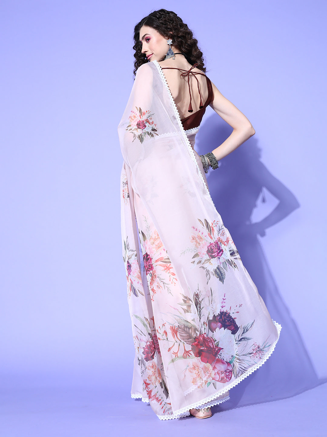 Organza Beige Digital Print Designer Saree With Blouse