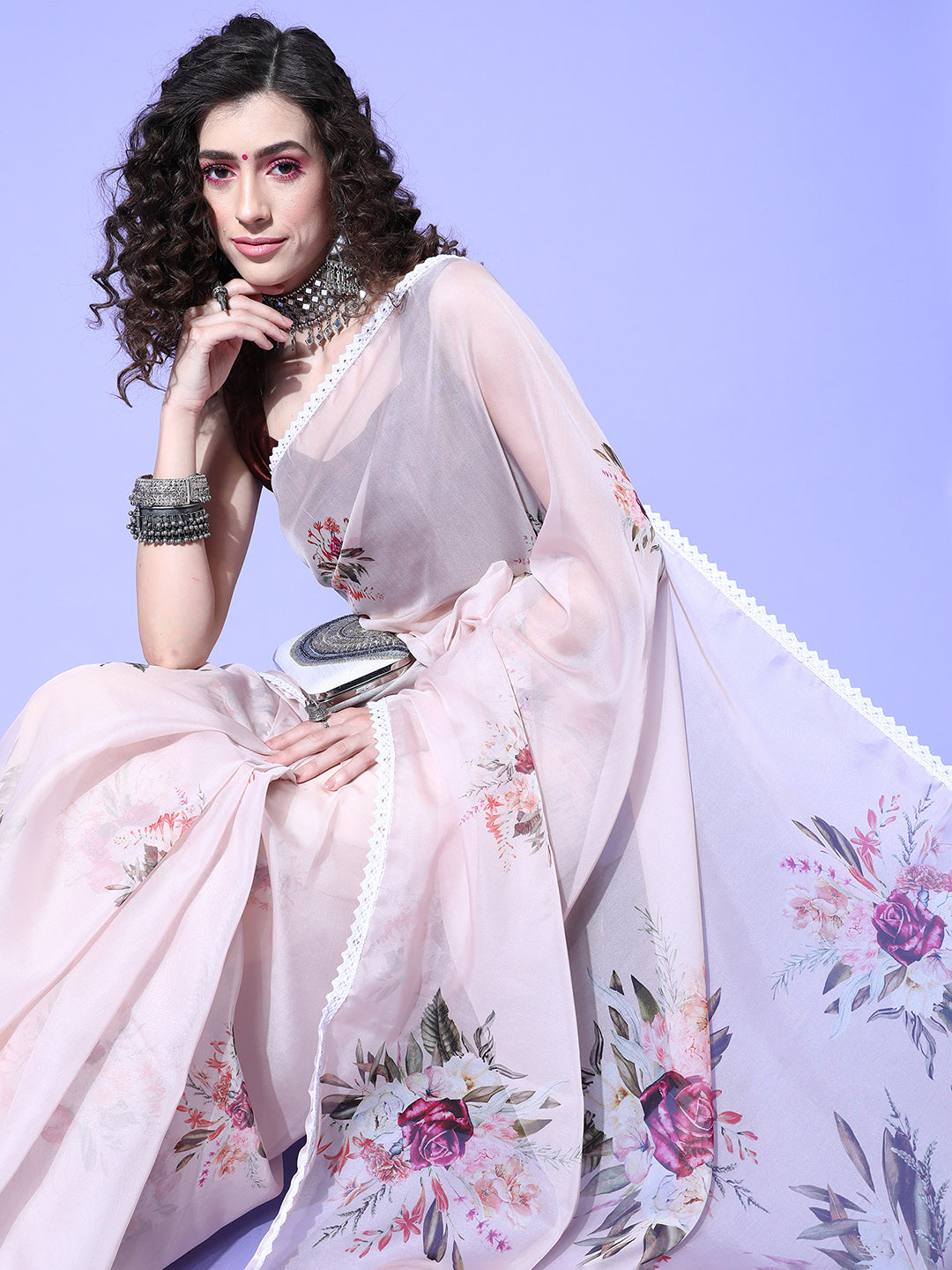 Organza Beige Digital Print Designer Saree With Blouse