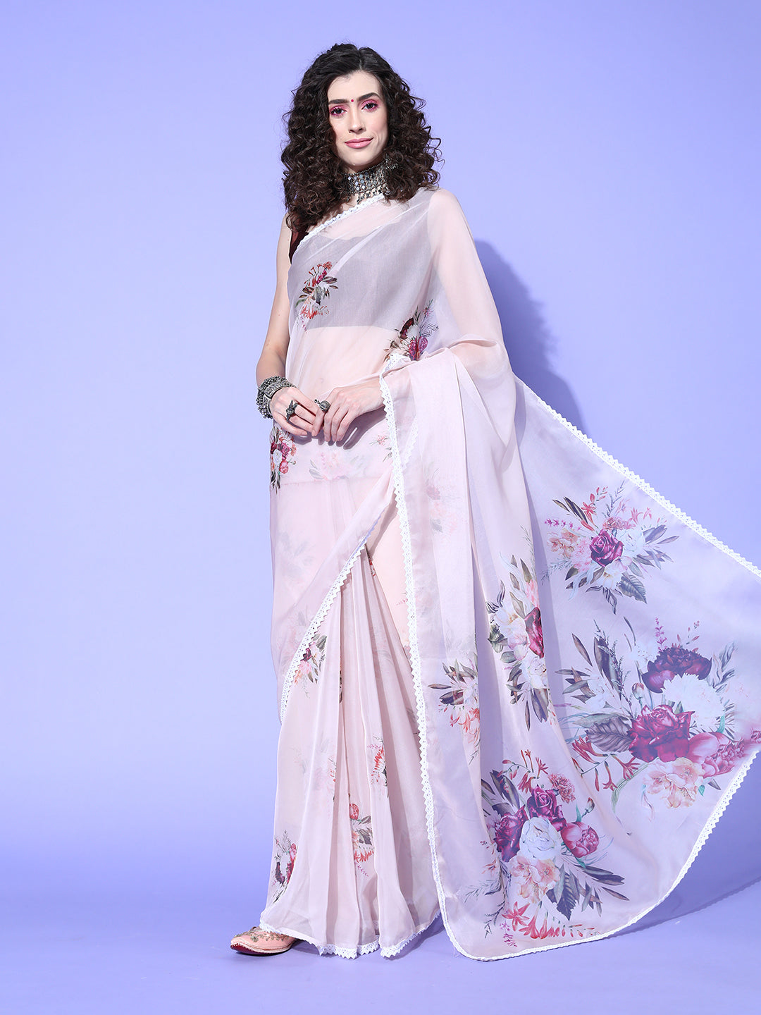 Organza Beige Digital Print Designer Saree With Blouse