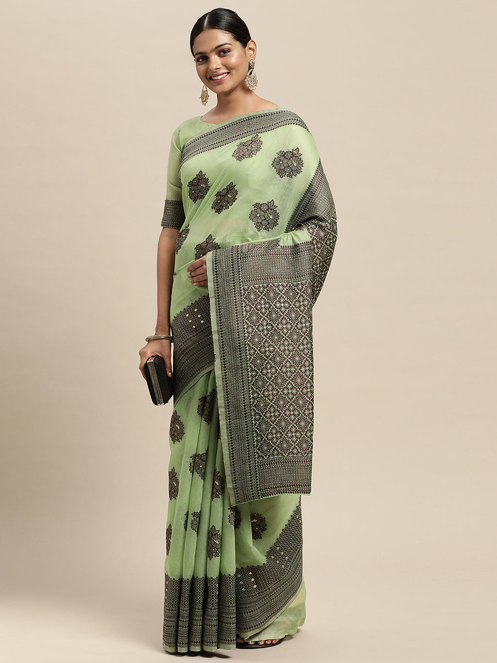 Silk Blend Green WovenDesign DesignerSaree With Blouse Piece