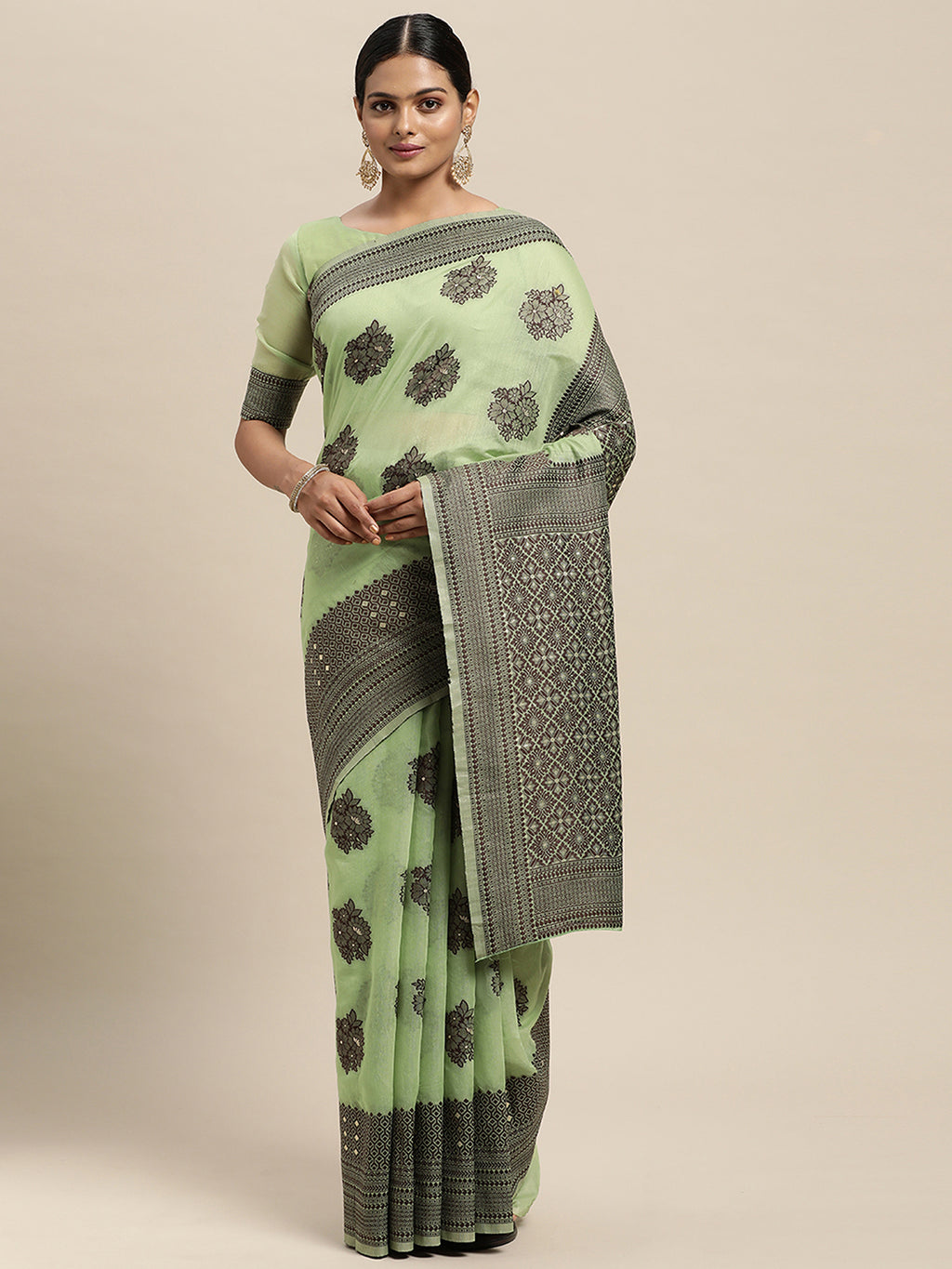 Silk Blend Green WovenDesign DesignerSaree With Blouse Piece