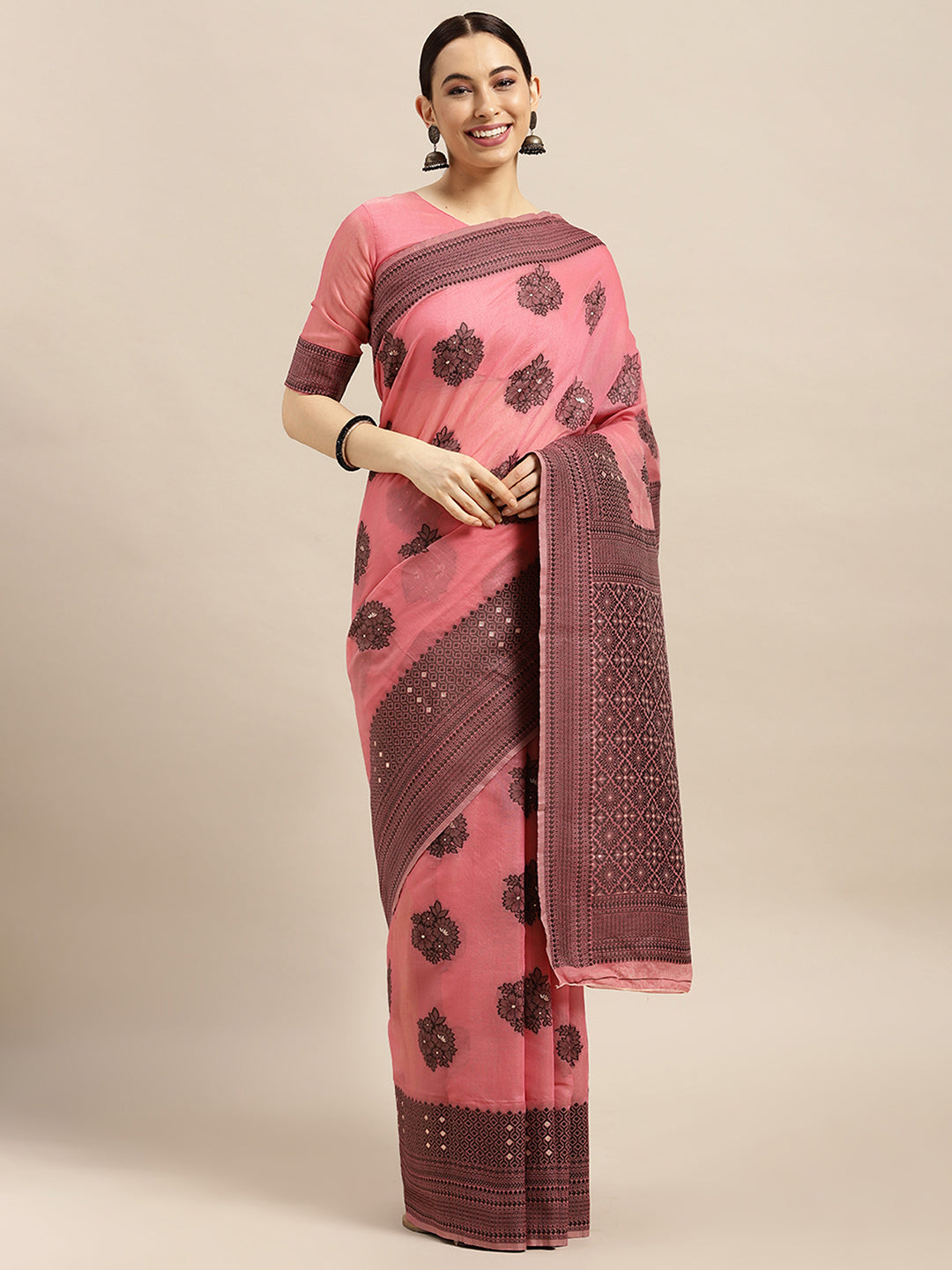 Silk Blend Pink WovenDesign DesignerSaree With Blouse Piece