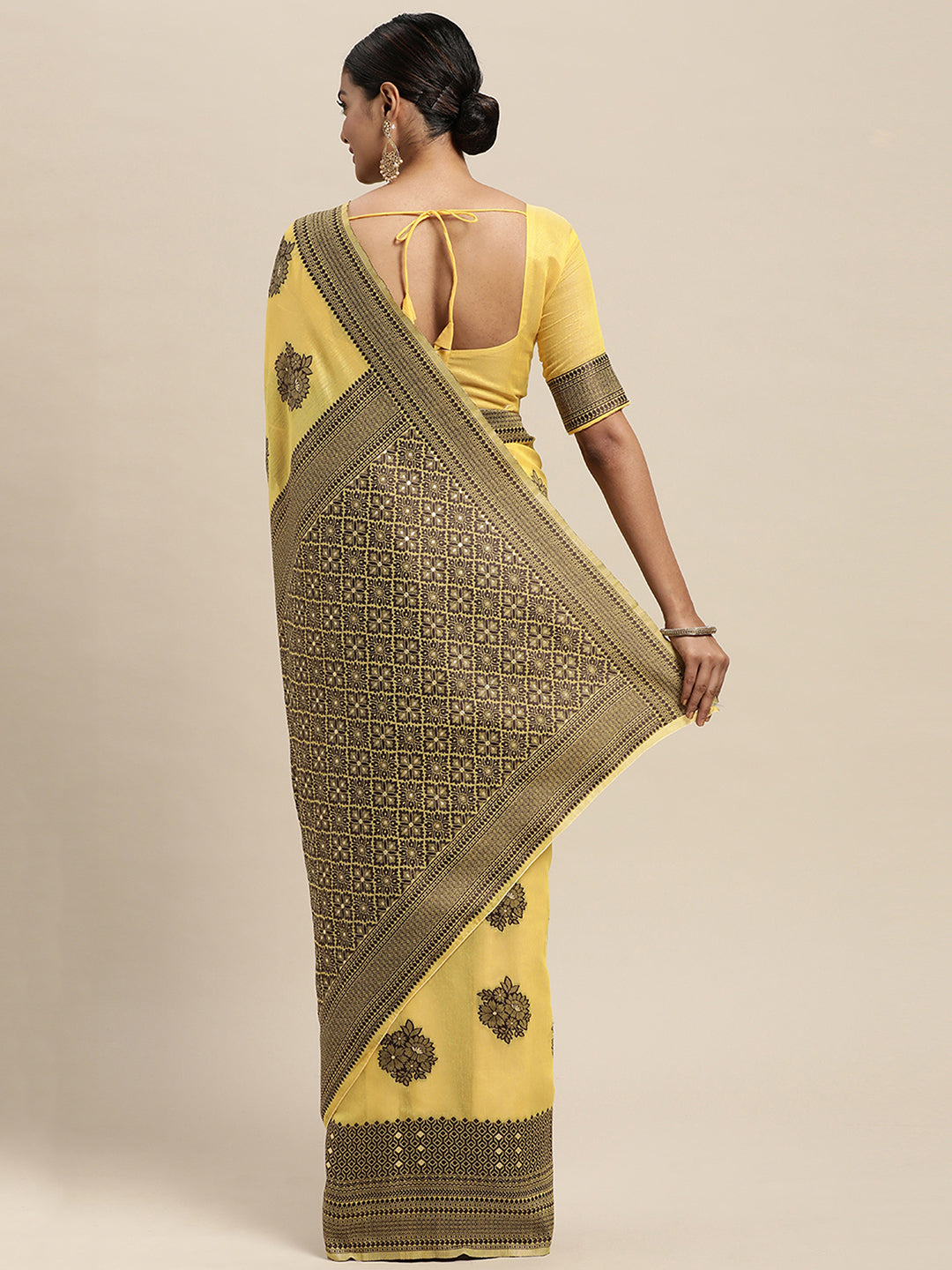 Silk Blend Yellow WovenDesign DesignerSaree With Blouse Piece