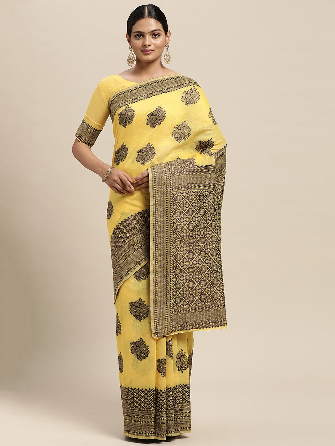 Silk Blend Yellow WovenDesign DesignerSaree With Blouse Piece