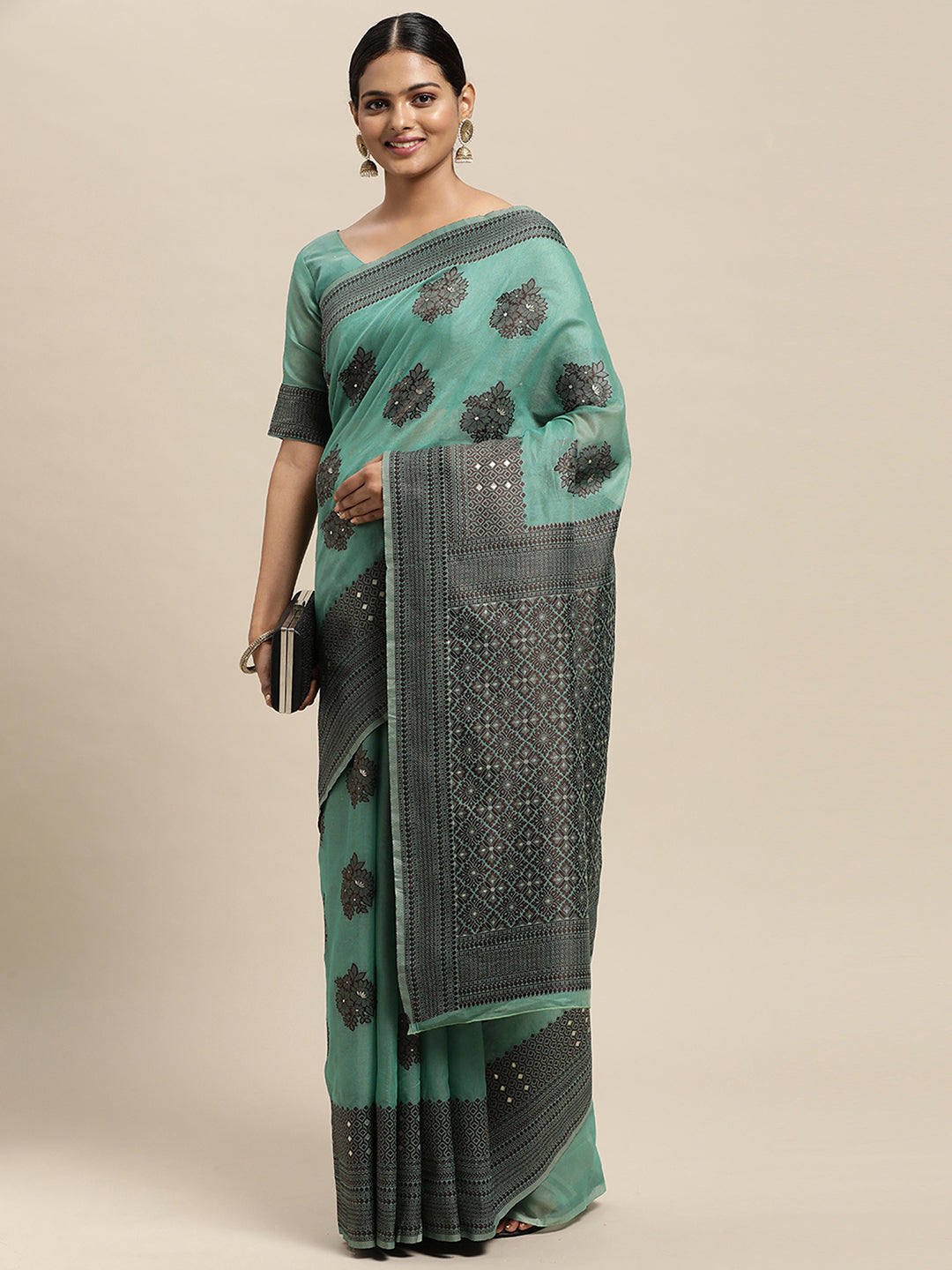 Silk Blend Teal green Woven Design Designer Saree With Blouse