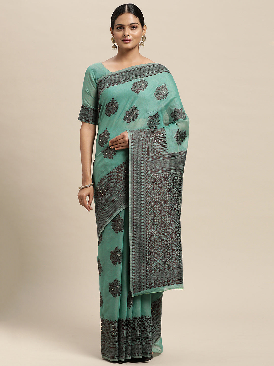 Silk Blend Teal green Woven Design Designer Saree With Blouse