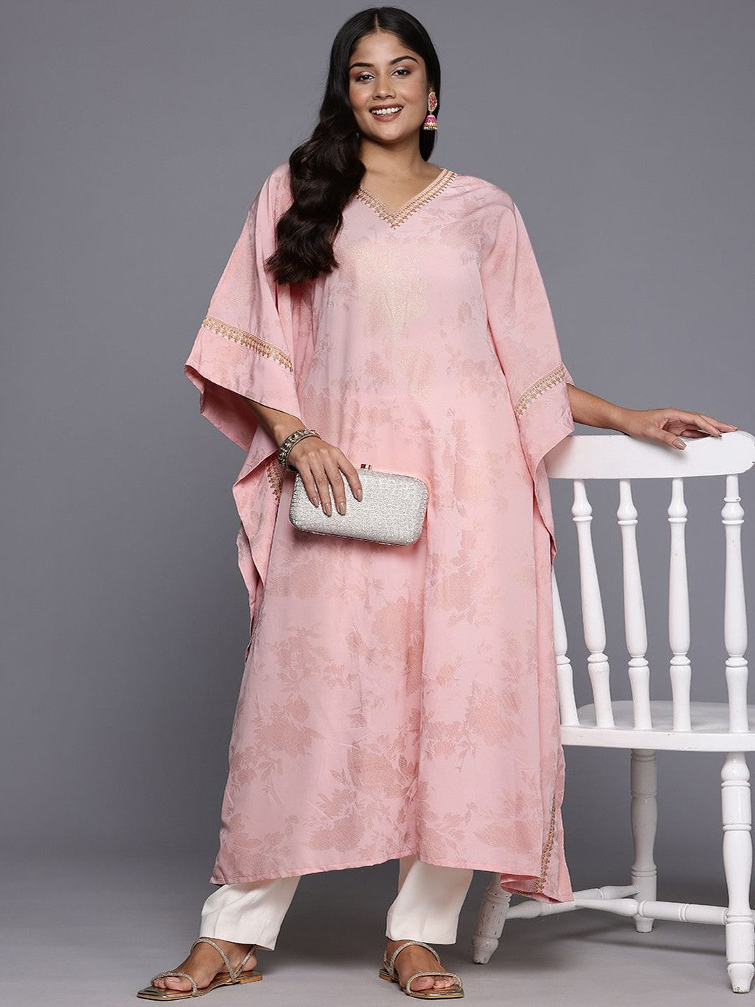 Women Floral Printed Flared Sleeves Chikankari Floral Crepe Kaftan Kurta