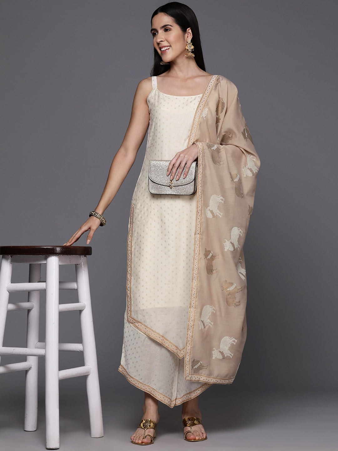 Off White Printed Chanderi Silk Kurta with Palazzos & Printed Dupatta