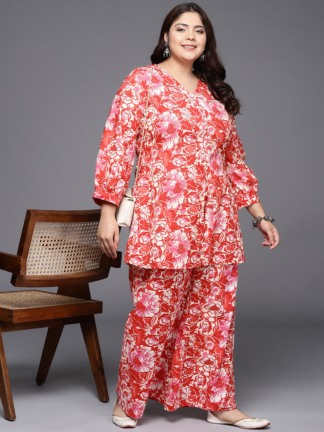 Red & White Printed Plus Size Pure Cotton Tunic with Palazzos-AH