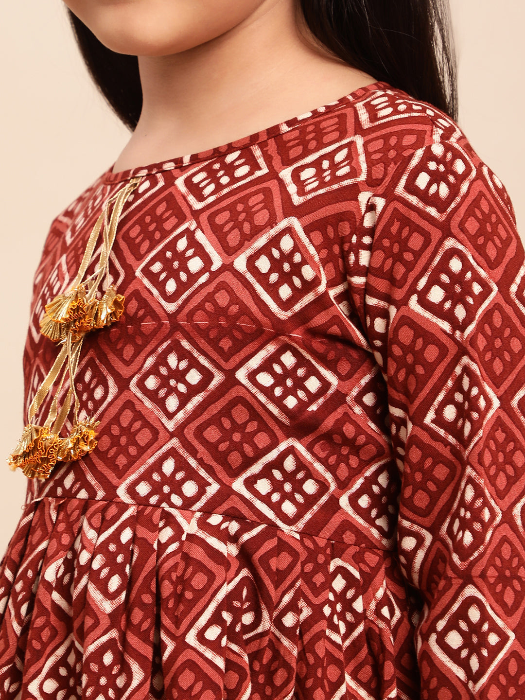 Maroon Printed Rayon Girls Kurta Set