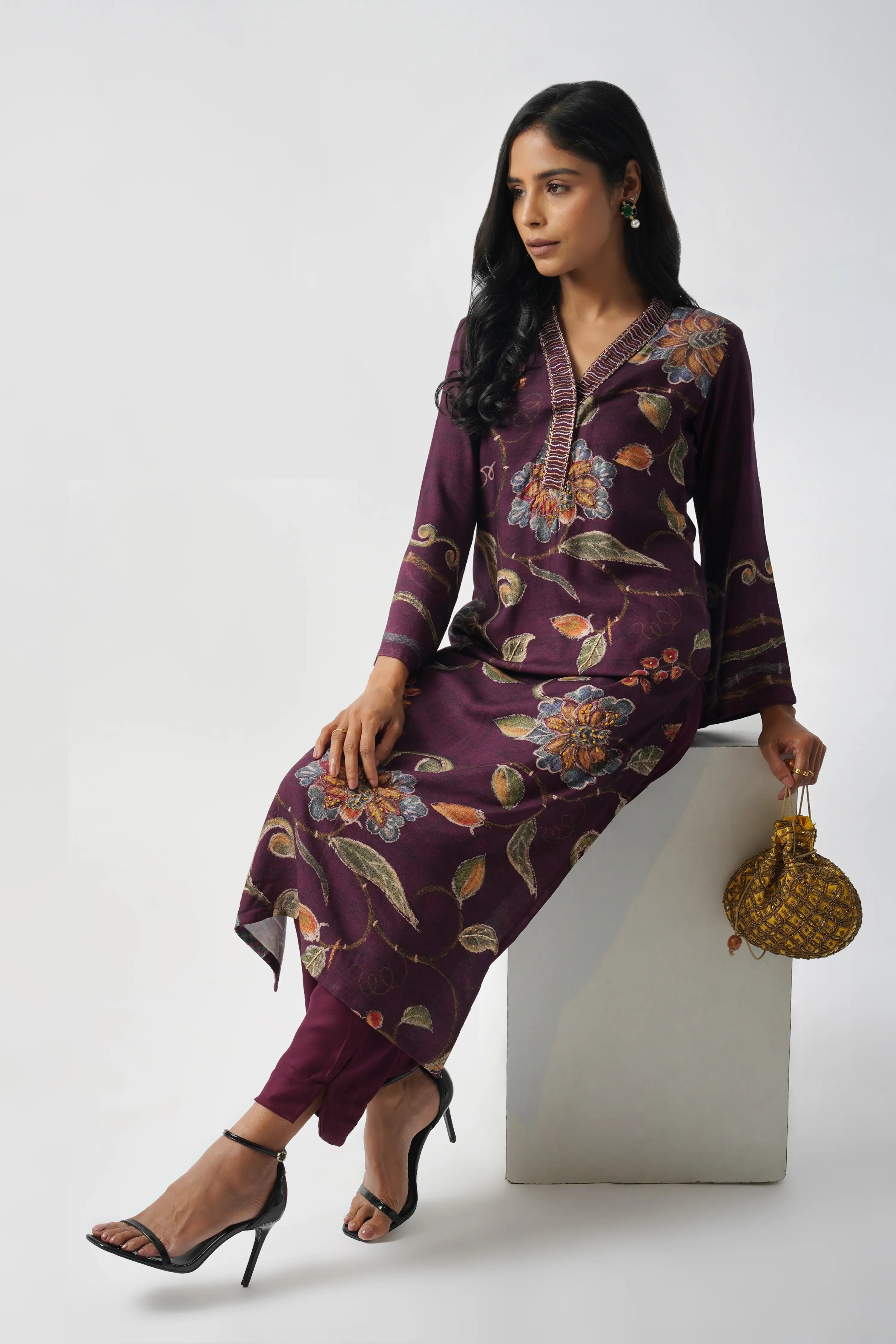 Deep Purple Pure Pashmina Wool Designer Kurta Set with Embroidery