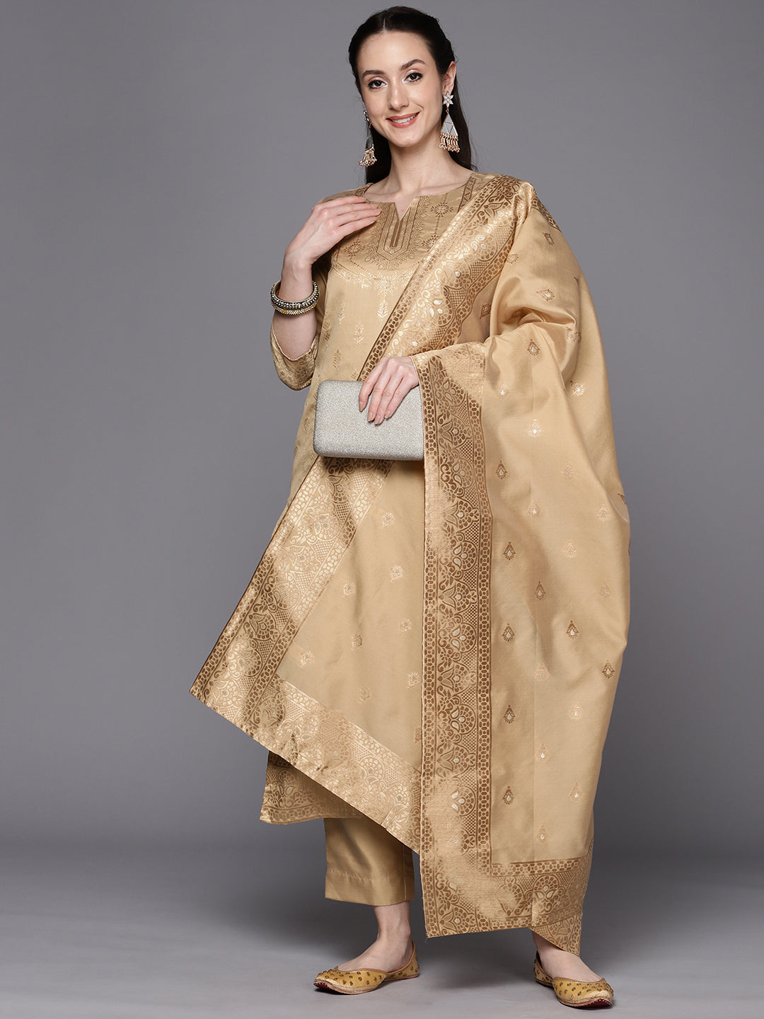 Tan & Gold Woven Design Ethnic Motifs Unstitched Dress Material