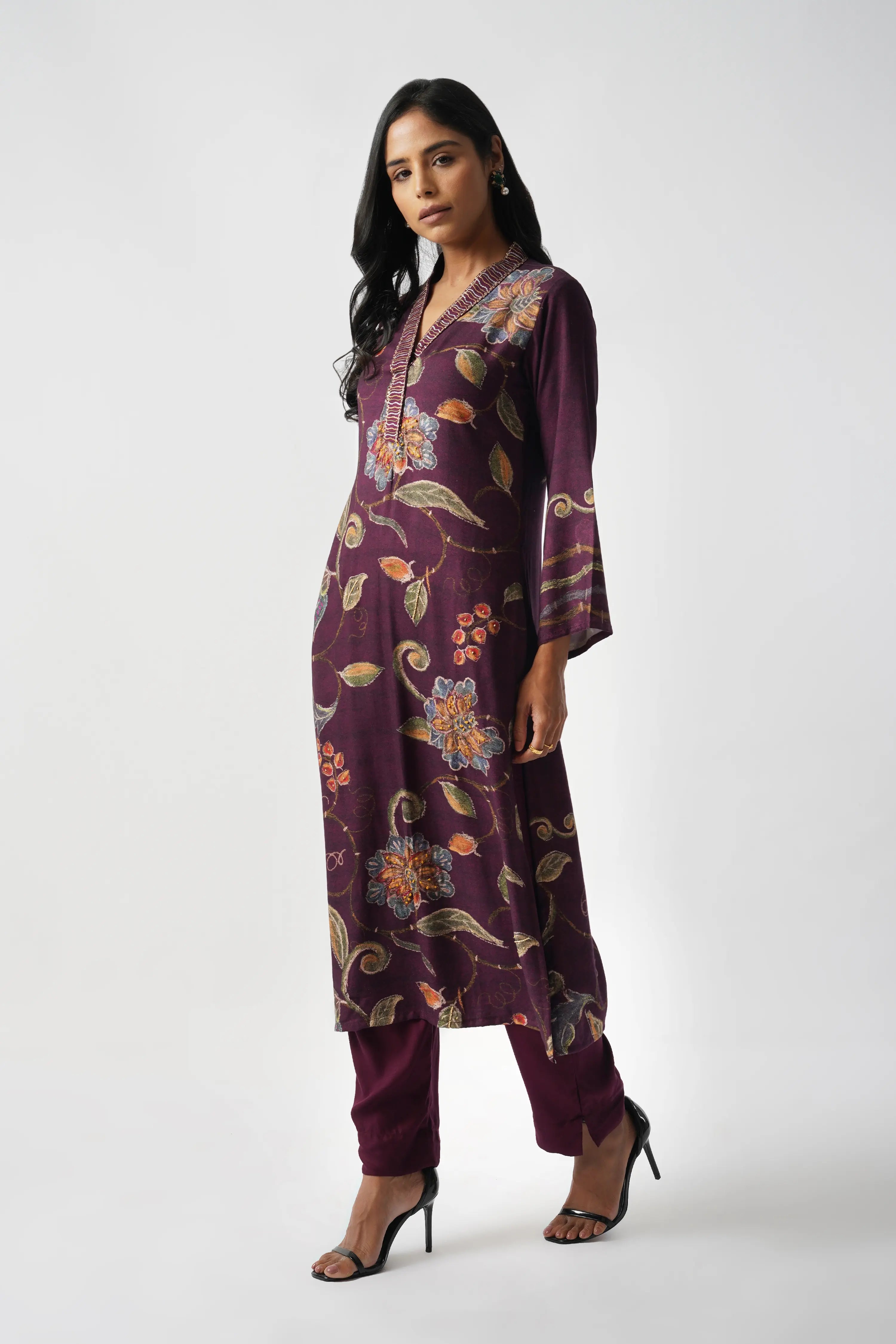 Deep Purple Pure Pashmina Wool Designer Kurta Set with Embroidery