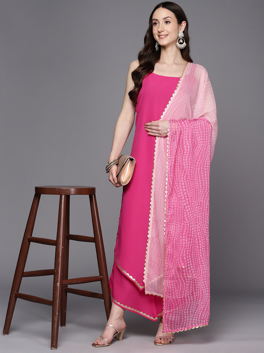 Pink Gotta Patti Kurta With Palazzos & Dupatta