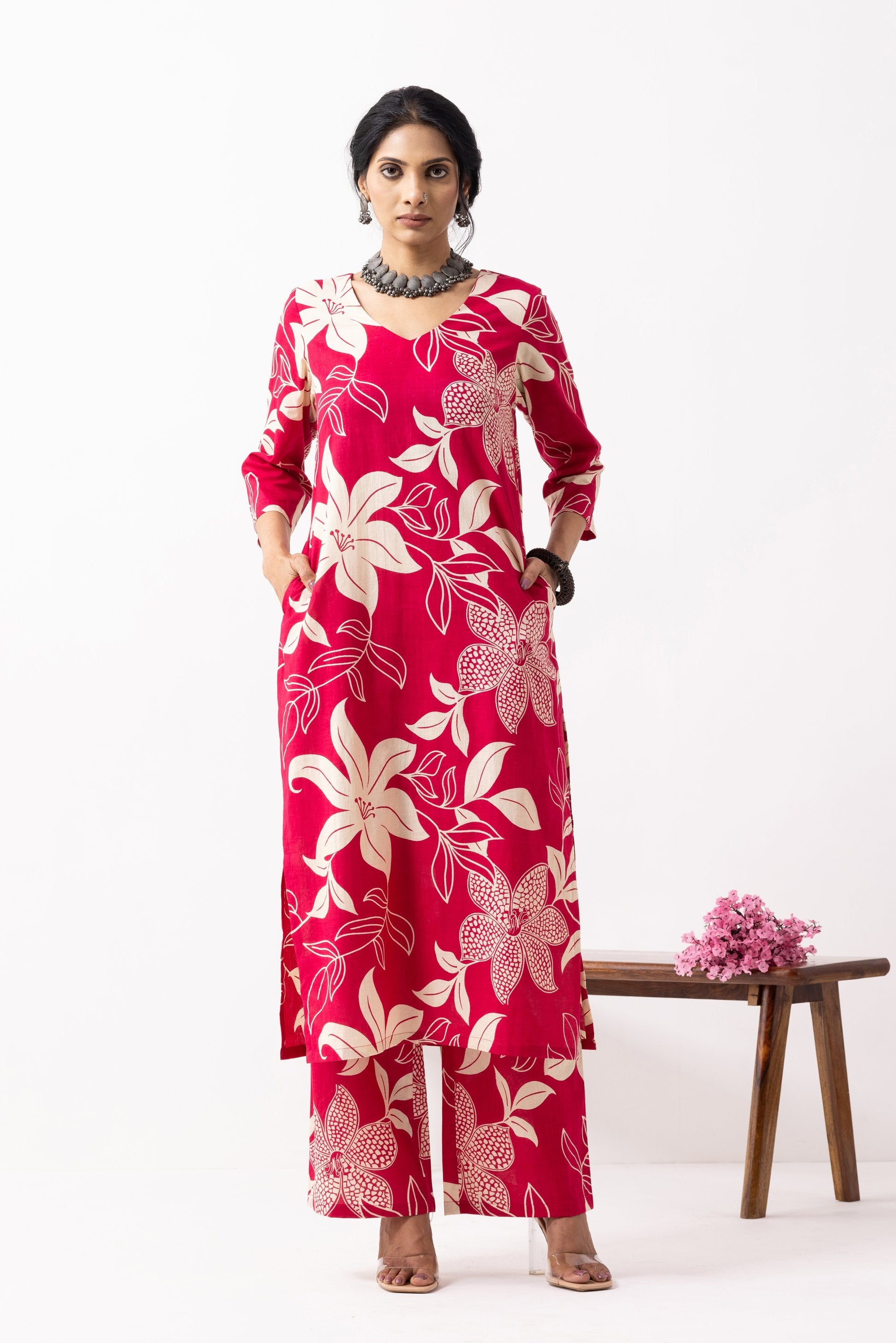 Crimson Red Block Printed Mira Kurta Set (Set of 2)- IC