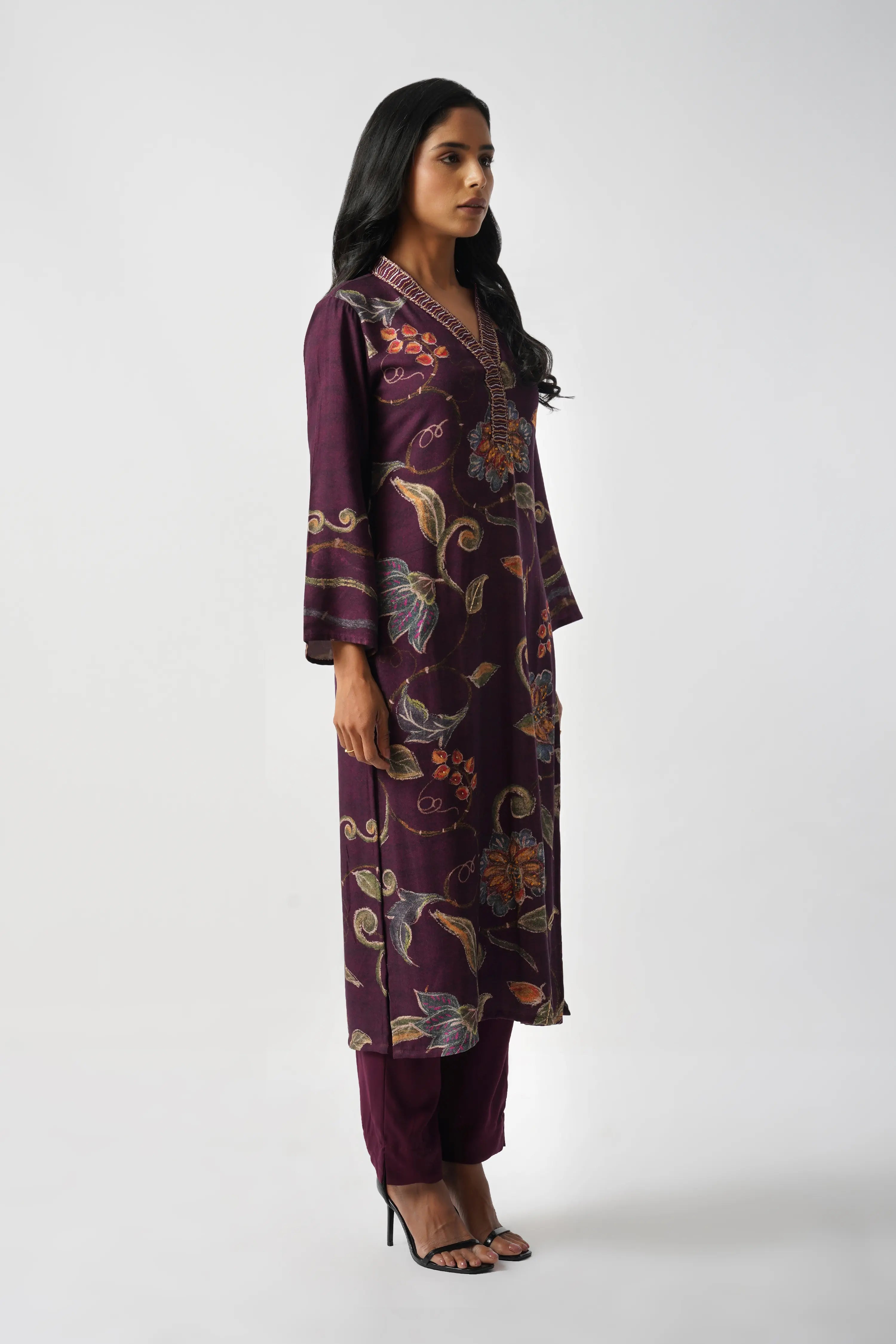 Deep Purple Pure Pashmina Wool Designer Kurta Set with Embroidery