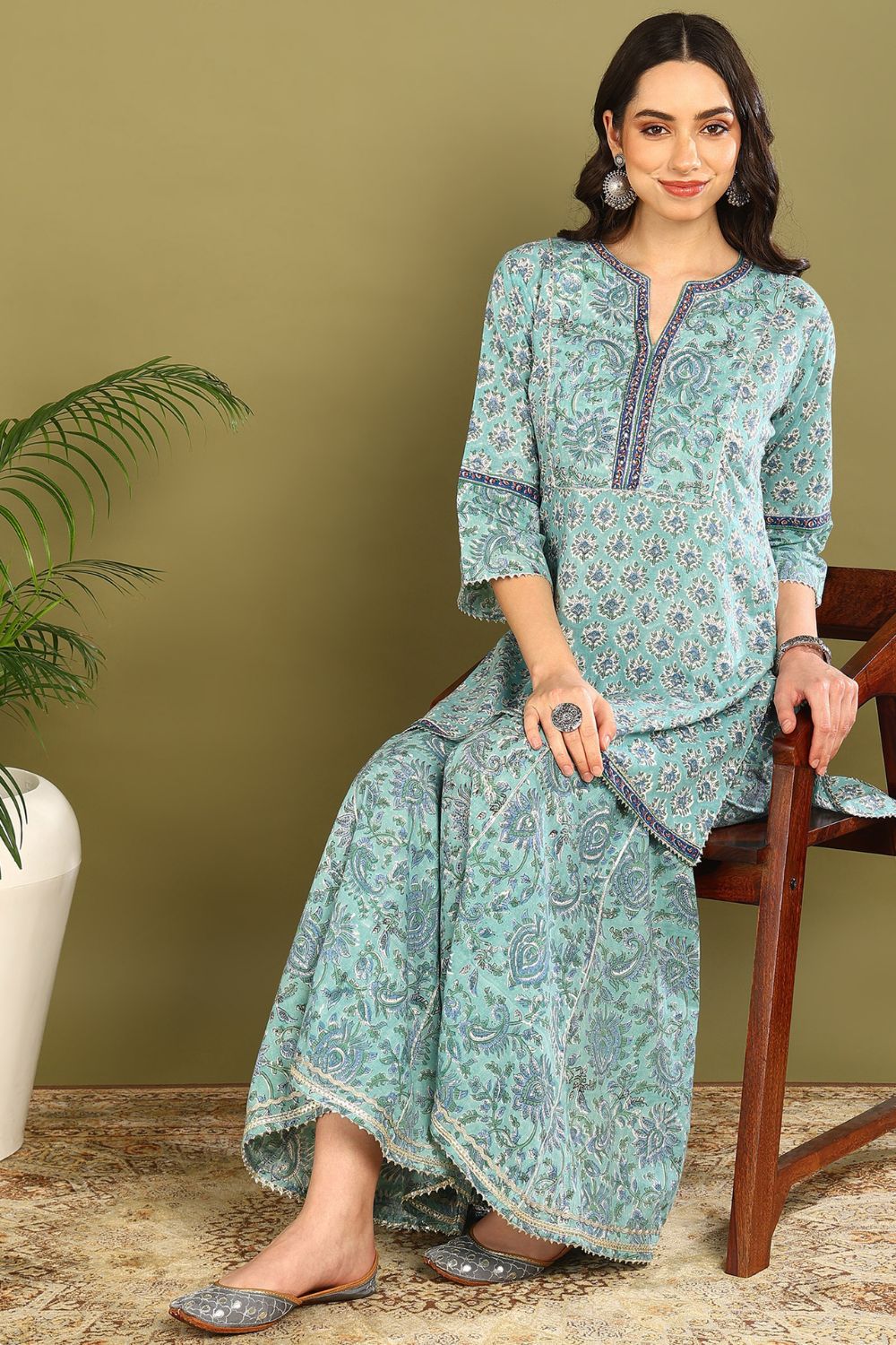Blue Sanganeri Kurta Set (3pc)