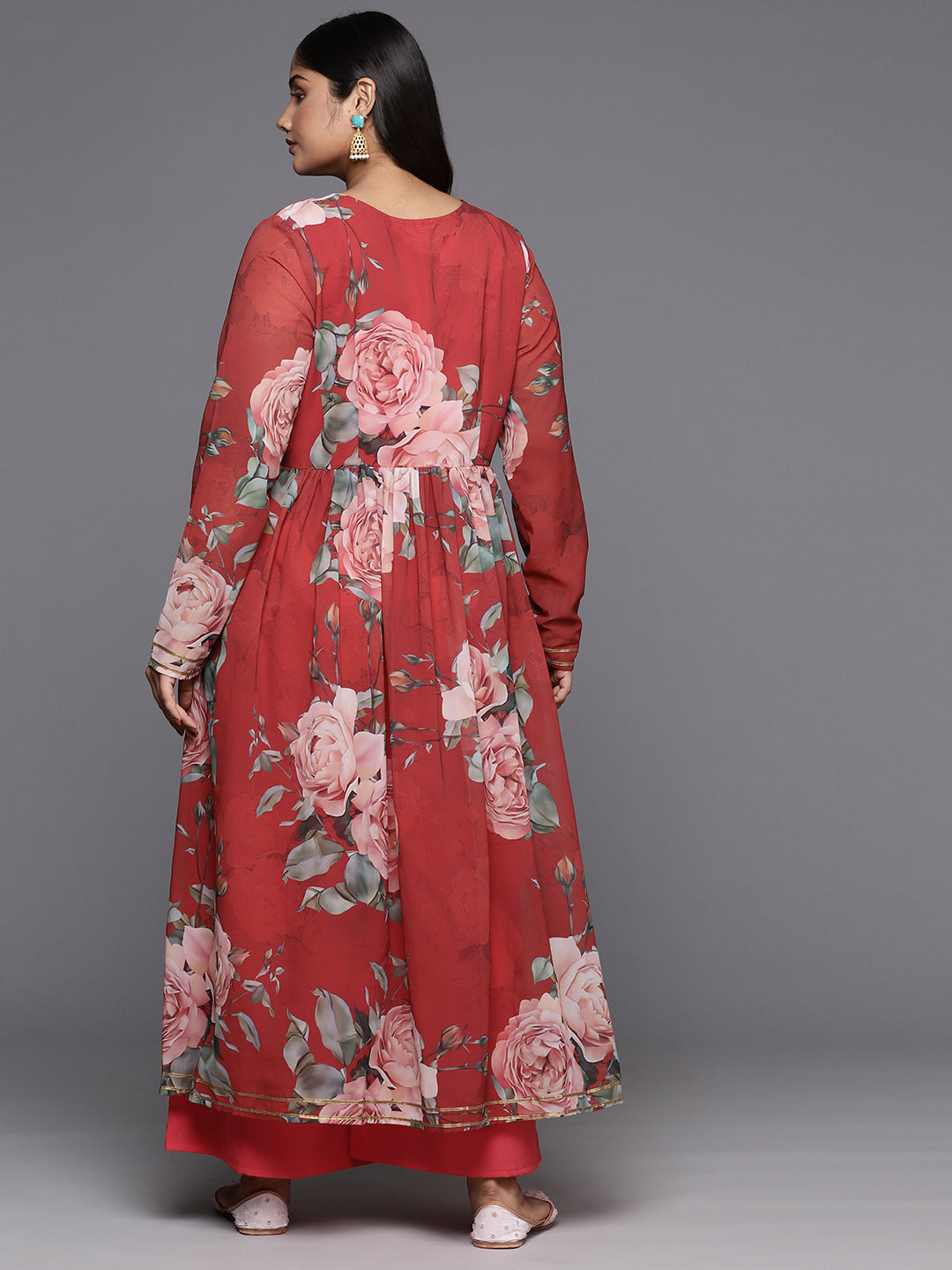 Red Floral Printed Plus Size Angrakha Kurta with Palazzos