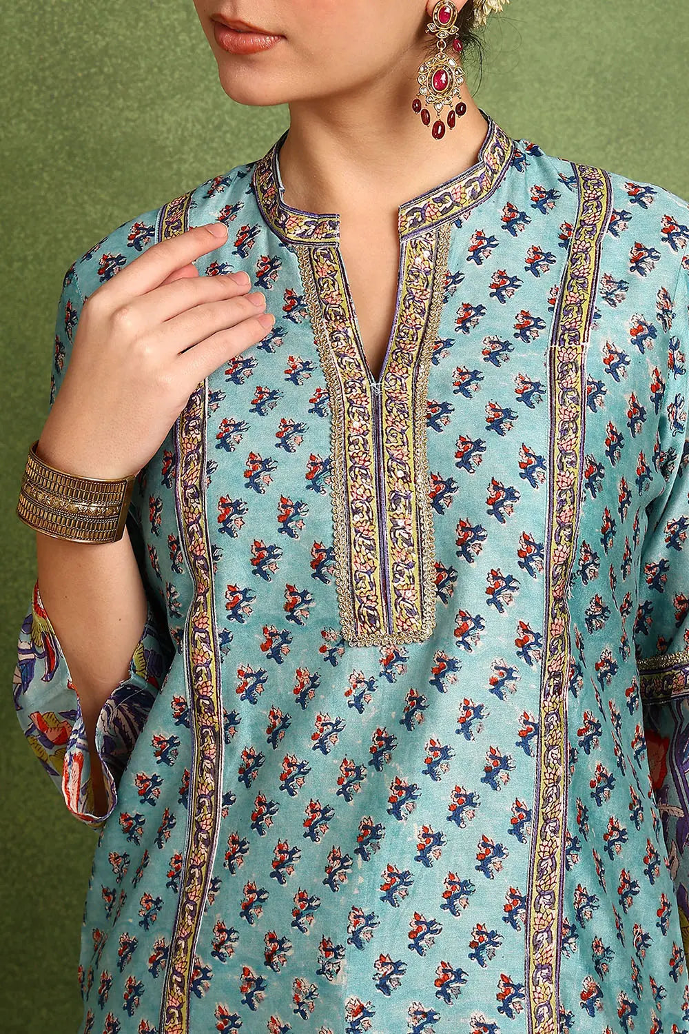 Blue Hand Block Printed Chanderi Silk Tunic