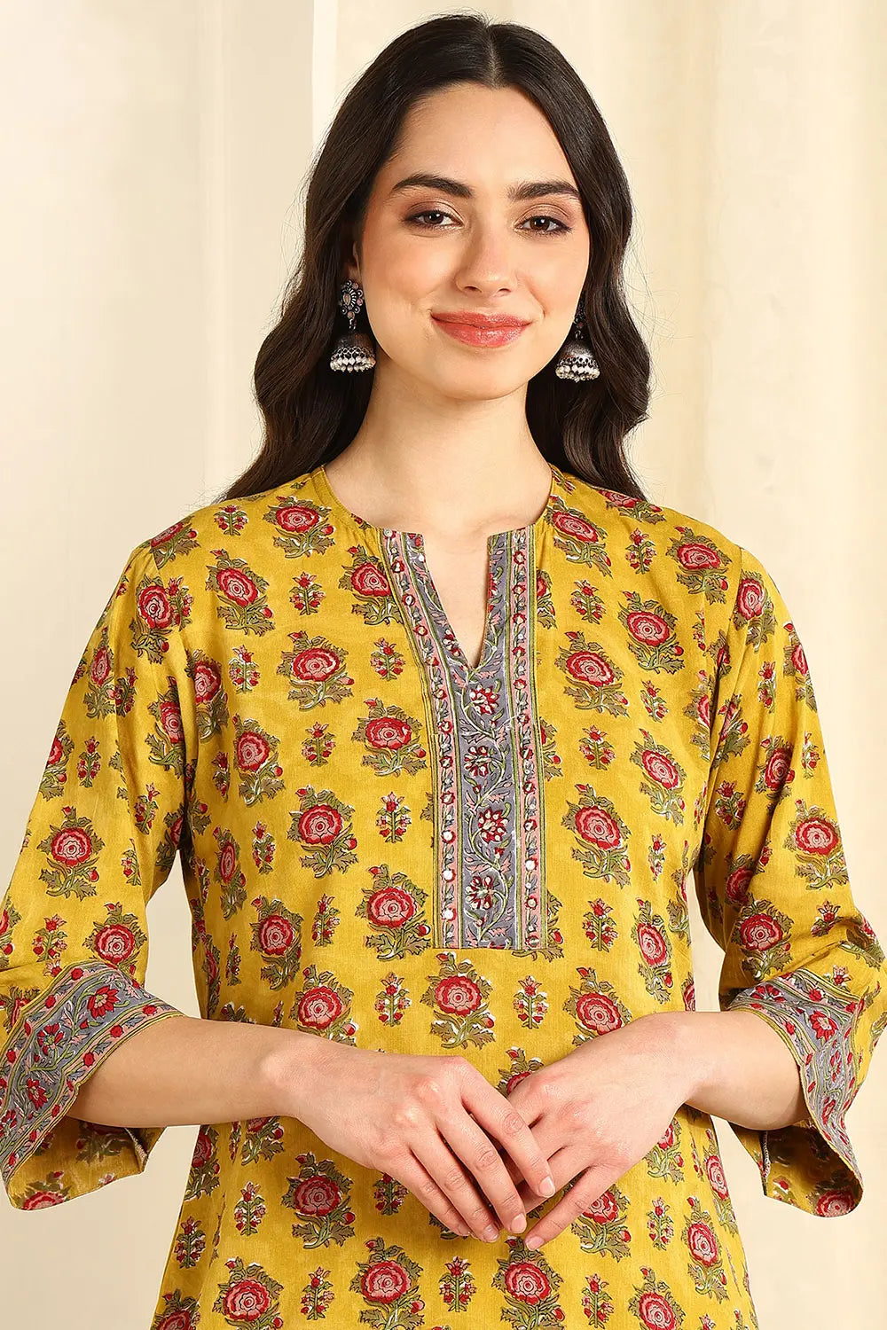 Mustard Yellow Straight Sanganeri Kurta