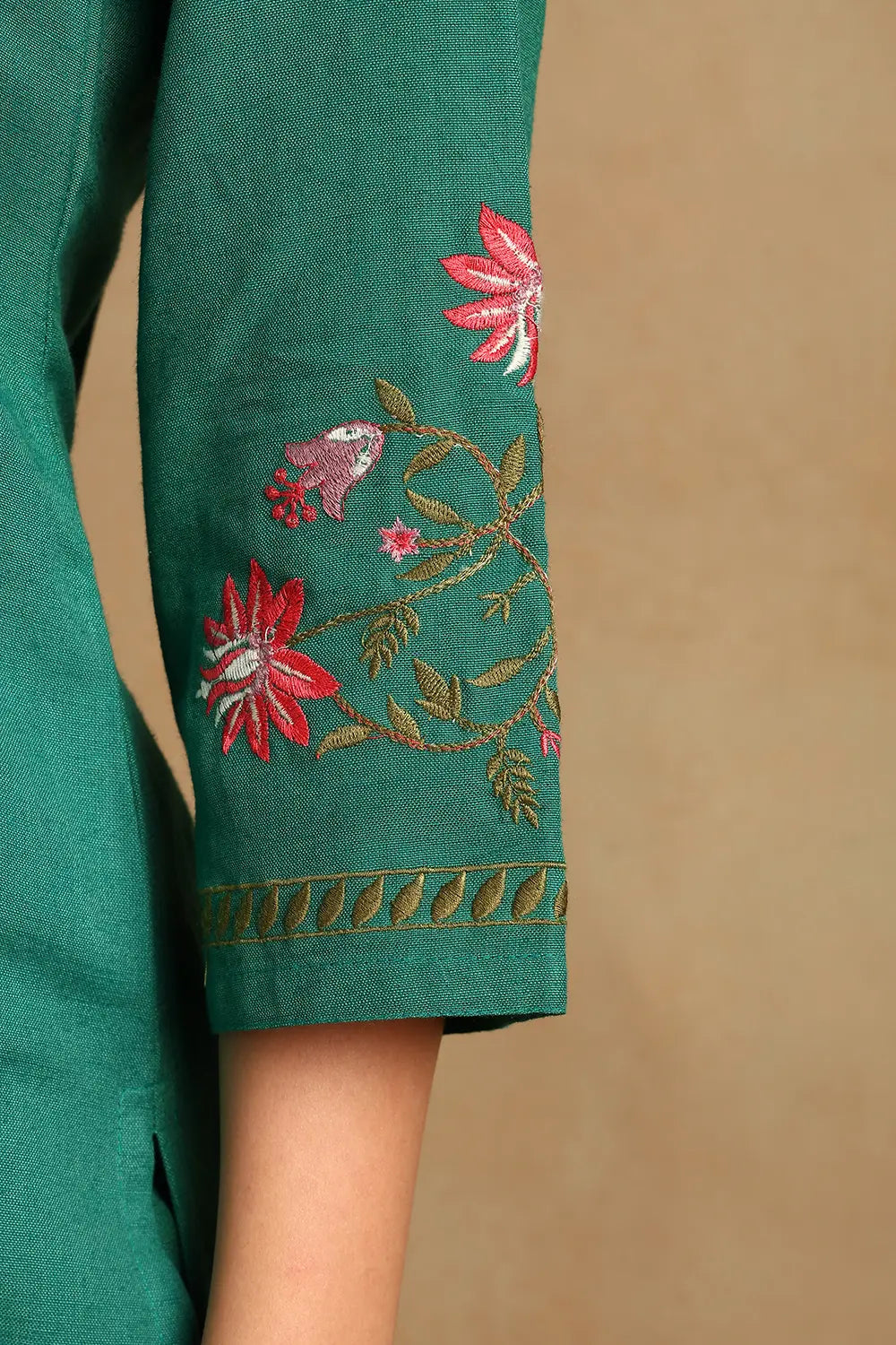 Green Embroidered Flax Linen Kurta