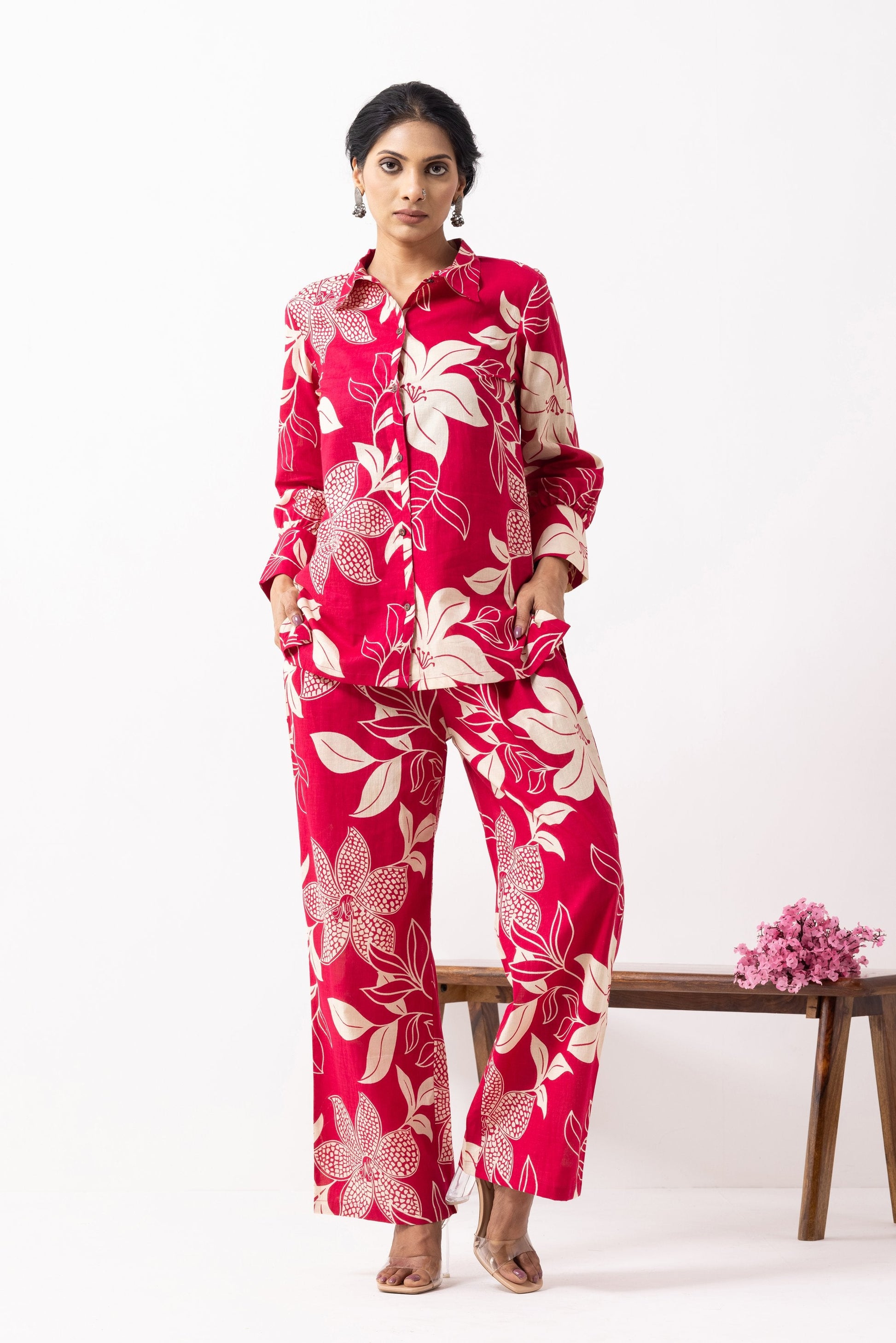 Crimson Red Block Printed Caroline Co-ord Set (Set of 2)- IC