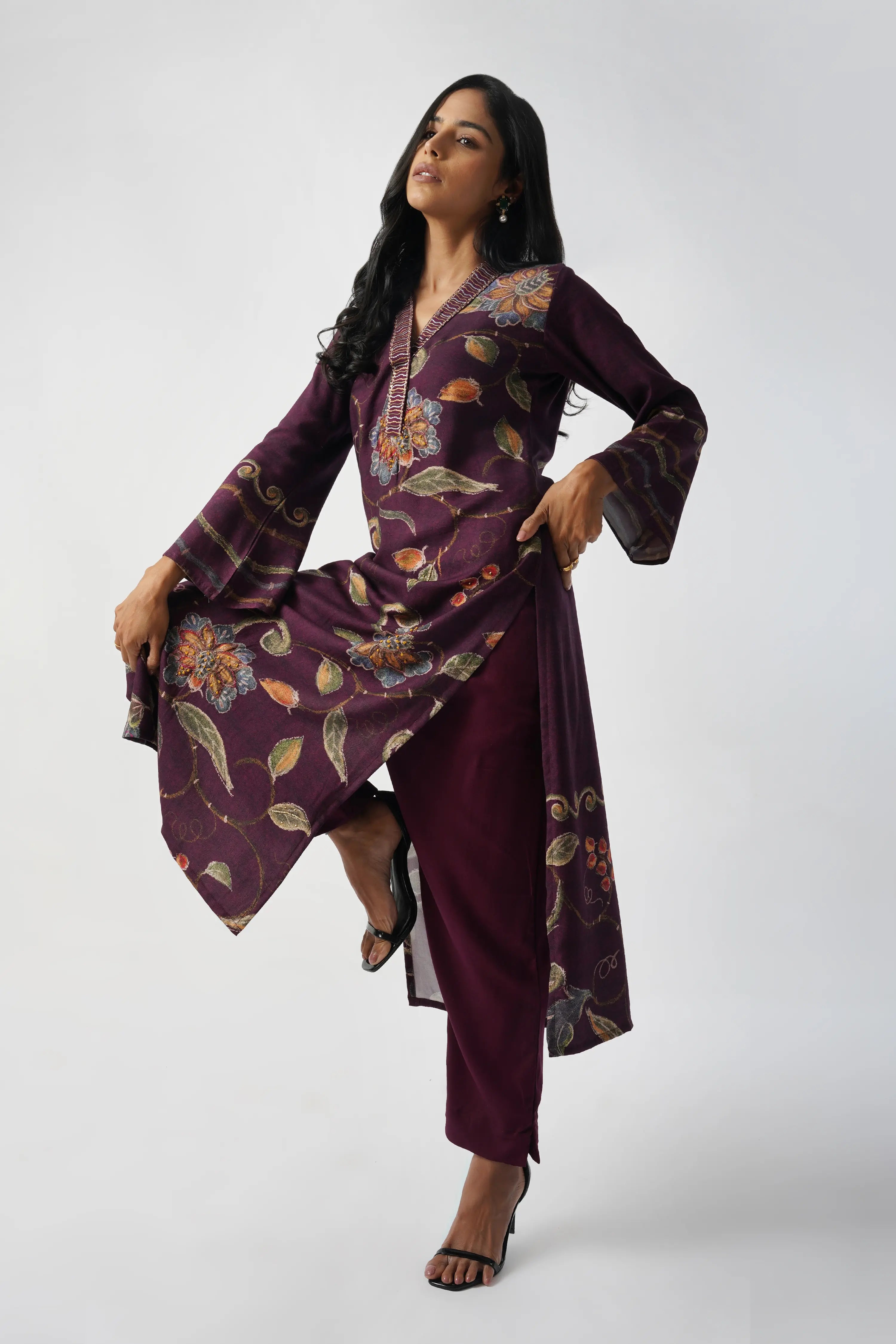 Deep Purple Pure Pashmina Wool Designer Kurta Set with Embroidery