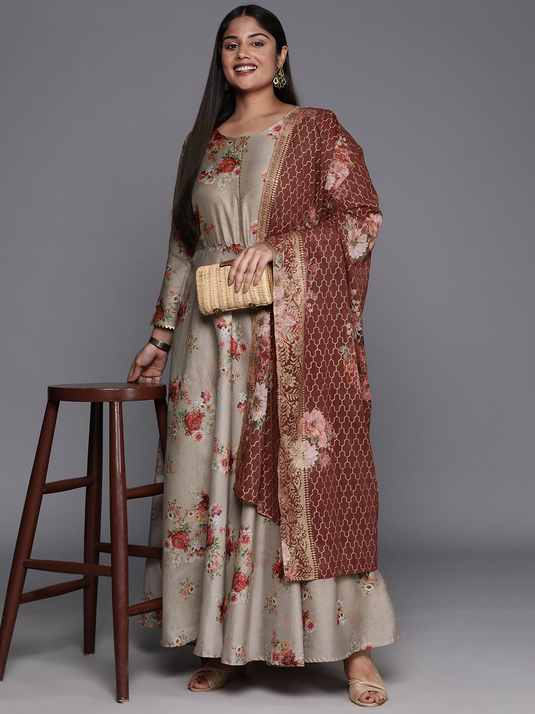 Brown & Grey Floral Printed Plus Size Maxi Ethnic Dress With Dupatta