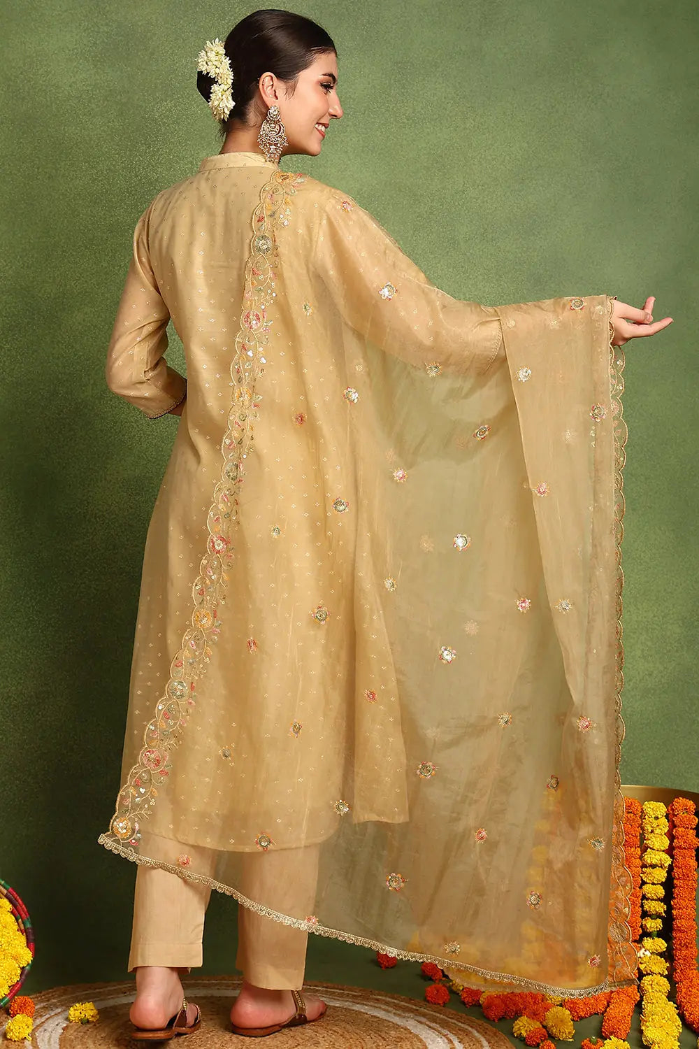 Beige Organza Scalloped Dupatta